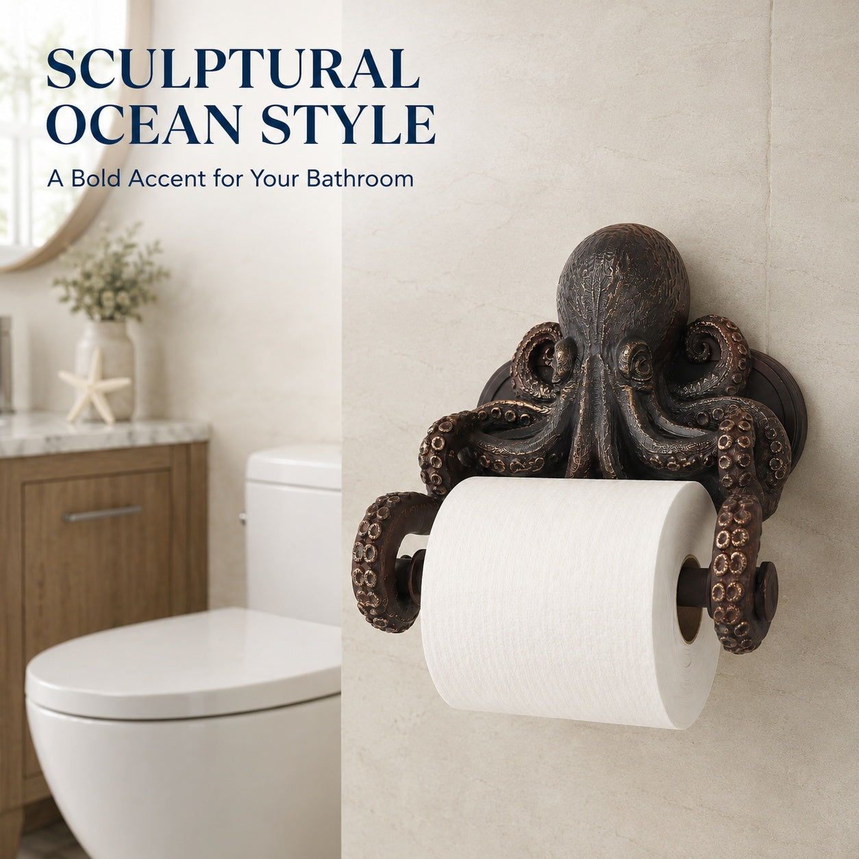 Octopus Toilet Paper Holder Wall Mount, 3D-Printed PLA Bathroom Decor, No-Drill Adhesive Tissue Roll Holder, Nautical Coastal Home Accent