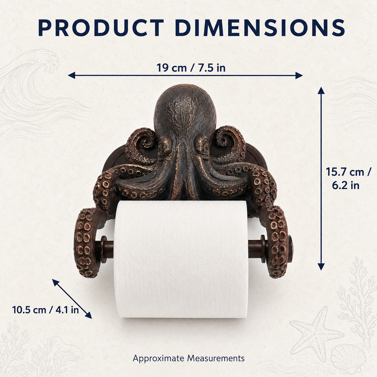 Octopus Toilet Paper Holder Wall Mount, 3D-Printed PLA Bathroom Decor, No-Drill Adhesive Tissue Roll Holder, Nautical Coastal Home Accent