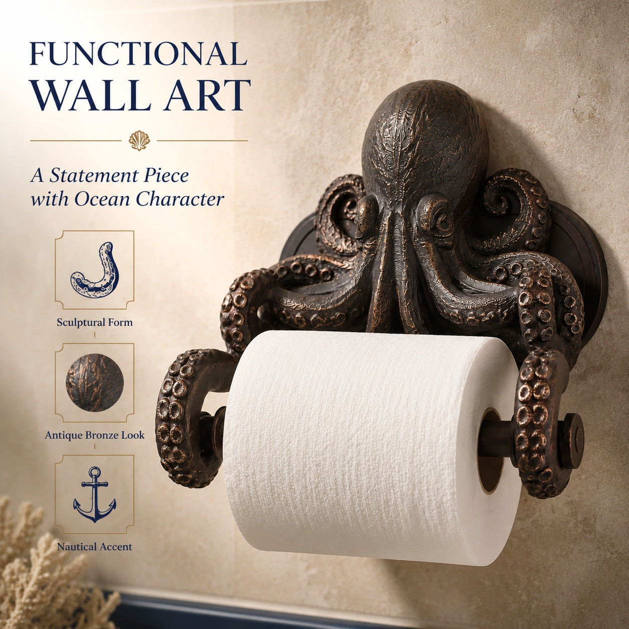 Octopus Toilet Paper Holder Wall Mount, 3D-Printed PLA Bathroom Decor, No-Drill Adhesive Tissue Roll Holder, Nautical Coastal Home Accent