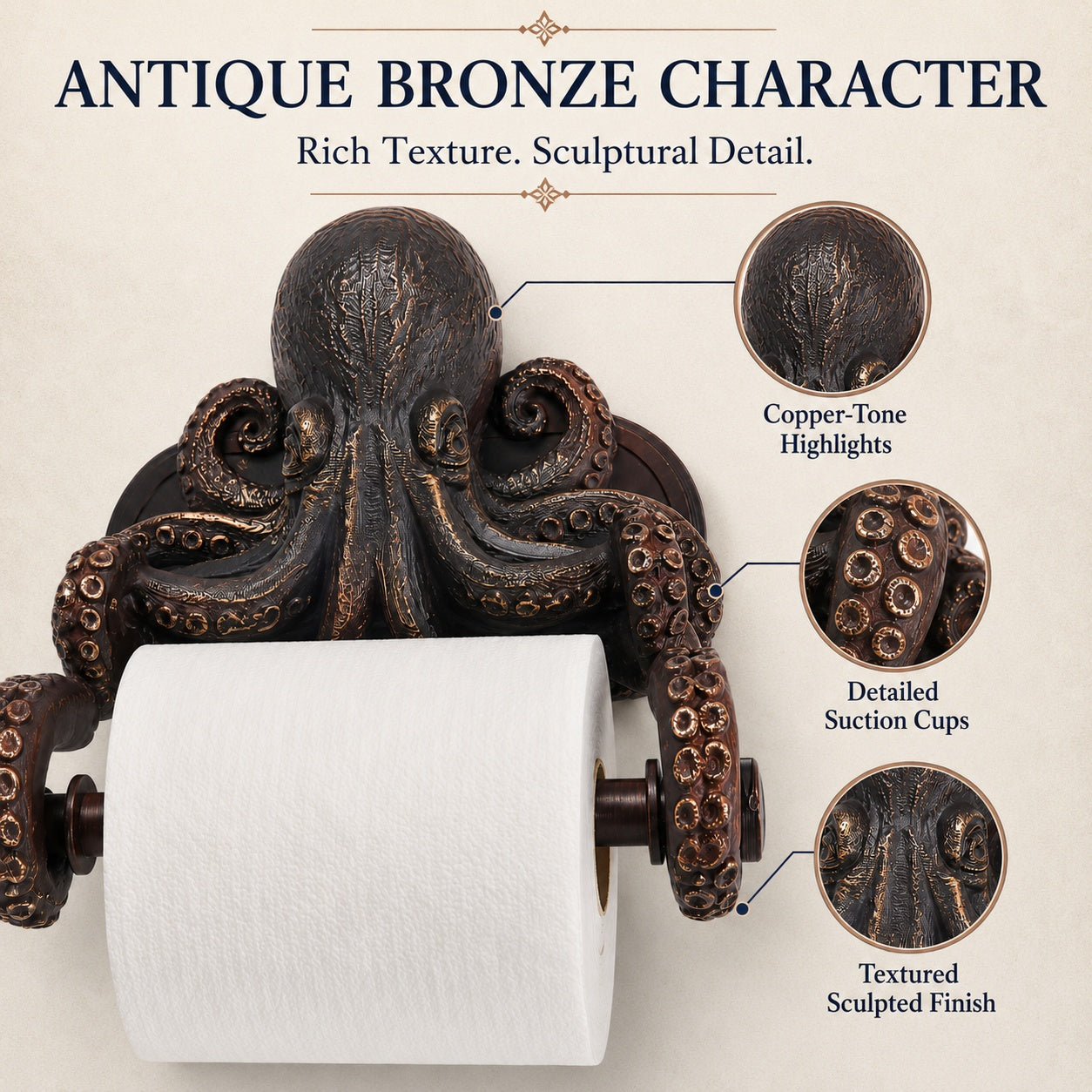 Octopus Toilet Paper Holder Wall Mount, 3D-Printed PLA Bathroom Decor, No-Drill Adhesive Tissue Roll Holder, Nautical Coastal Home Accent