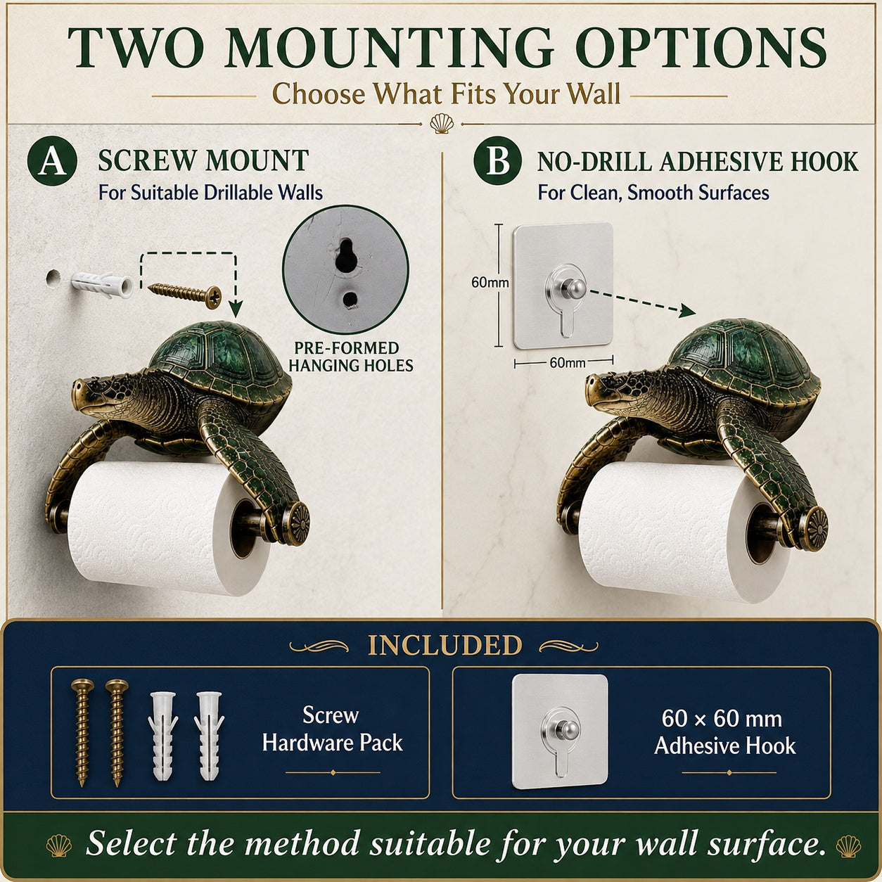 Sea Turtle Toilet Paper Holder Wall Mount, 3D-Printed PLA Bathroom Decor, No-Drill Adhesive Tissue Roll Holder, Nautical Coastal Home Accent