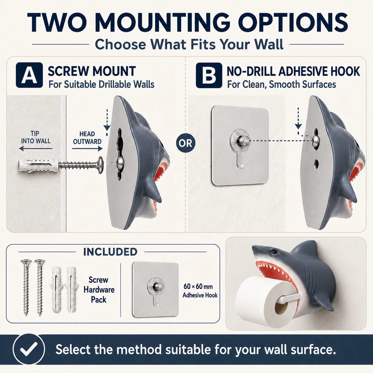 Shark Toilet Paper Holder Wall Mount, 3D-Printed PLA Bathroom Decor, No-Drill Adhesive Tissue Roll Holder, Nautical Coastal Home Accent