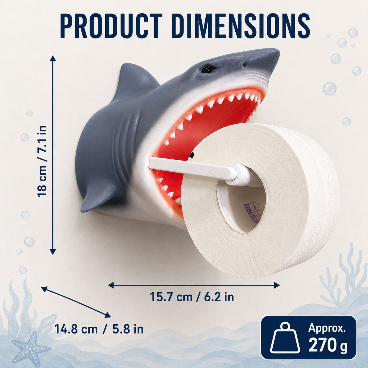 Shark Toilet Paper Holder Wall Mount, 3D-Printed PLA Bathroom Decor, No-Drill Adhesive Tissue Roll Holder, Nautical Coastal Home Accent