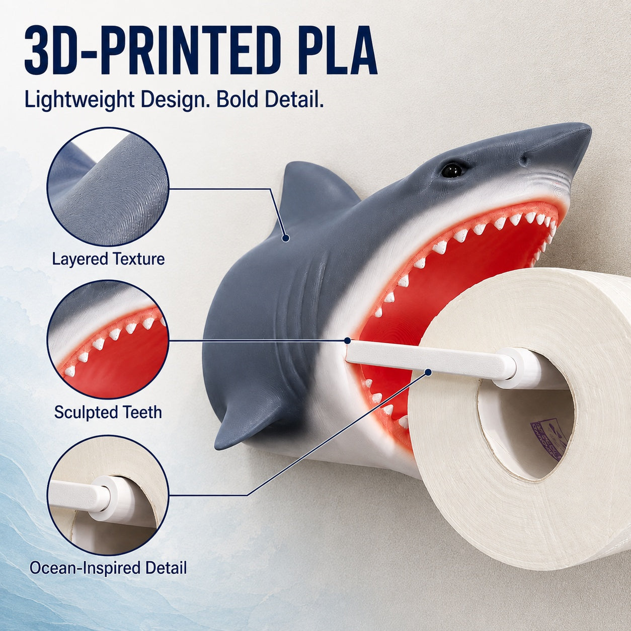 Shark Toilet Paper Holder Wall Mount, 3D-Printed PLA Bathroom Decor, No-Drill Adhesive Tissue Roll Holder, Nautical Coastal Home Accent