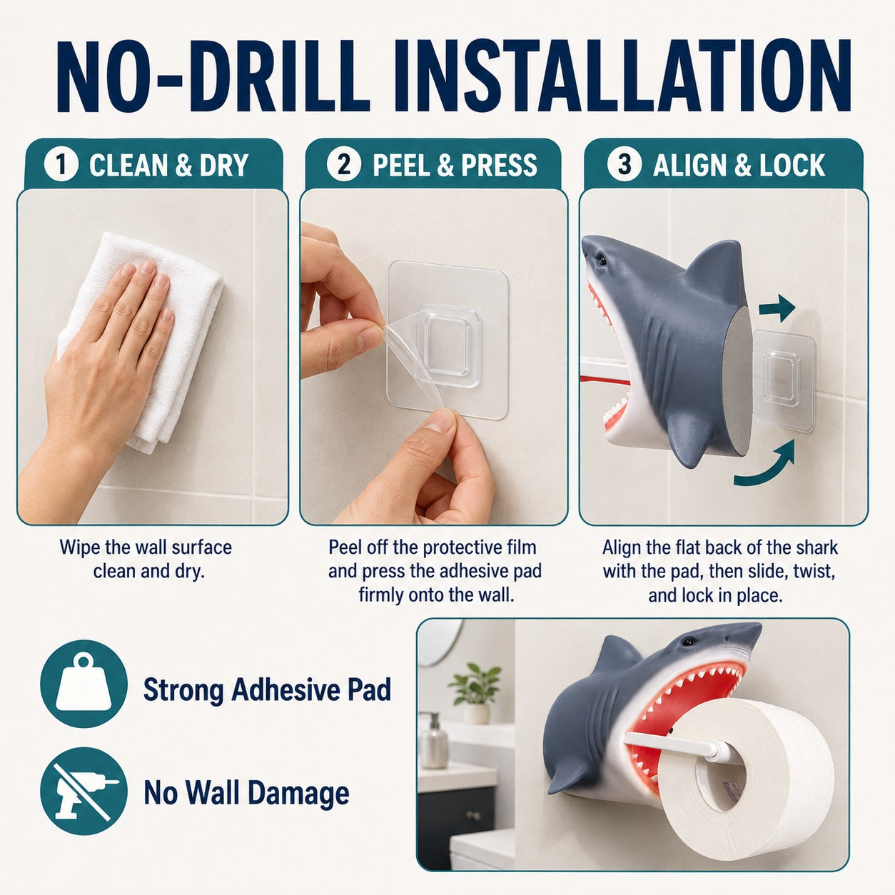 Shark Toilet Paper Holder Wall Mount, 3D-Printed PLA Bathroom Decor, No-Drill Adhesive Tissue Roll Holder, Nautical Coastal Home Accent