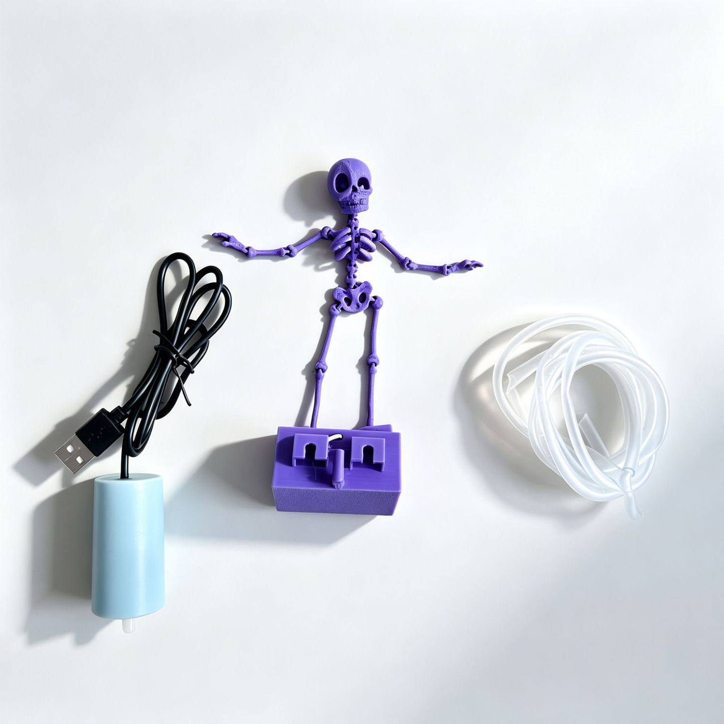 Dancing Skeleton Aquarium Ornament with USB Air Pump, 3D Printed Articulated Fish Tank Bubbler, Air-Powered Moving Skeleton Decor with Airline Tubing, Approx. 5.5 Inch