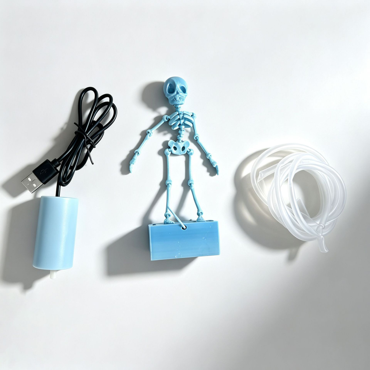 Dancing Skeleton Aquarium Ornament with USB Air Pump, 3D Printed Articulated Fish Tank Bubbler, Air-Powered Moving Skeleton Decor with Airline Tubing, Approx. 5.5 Inch