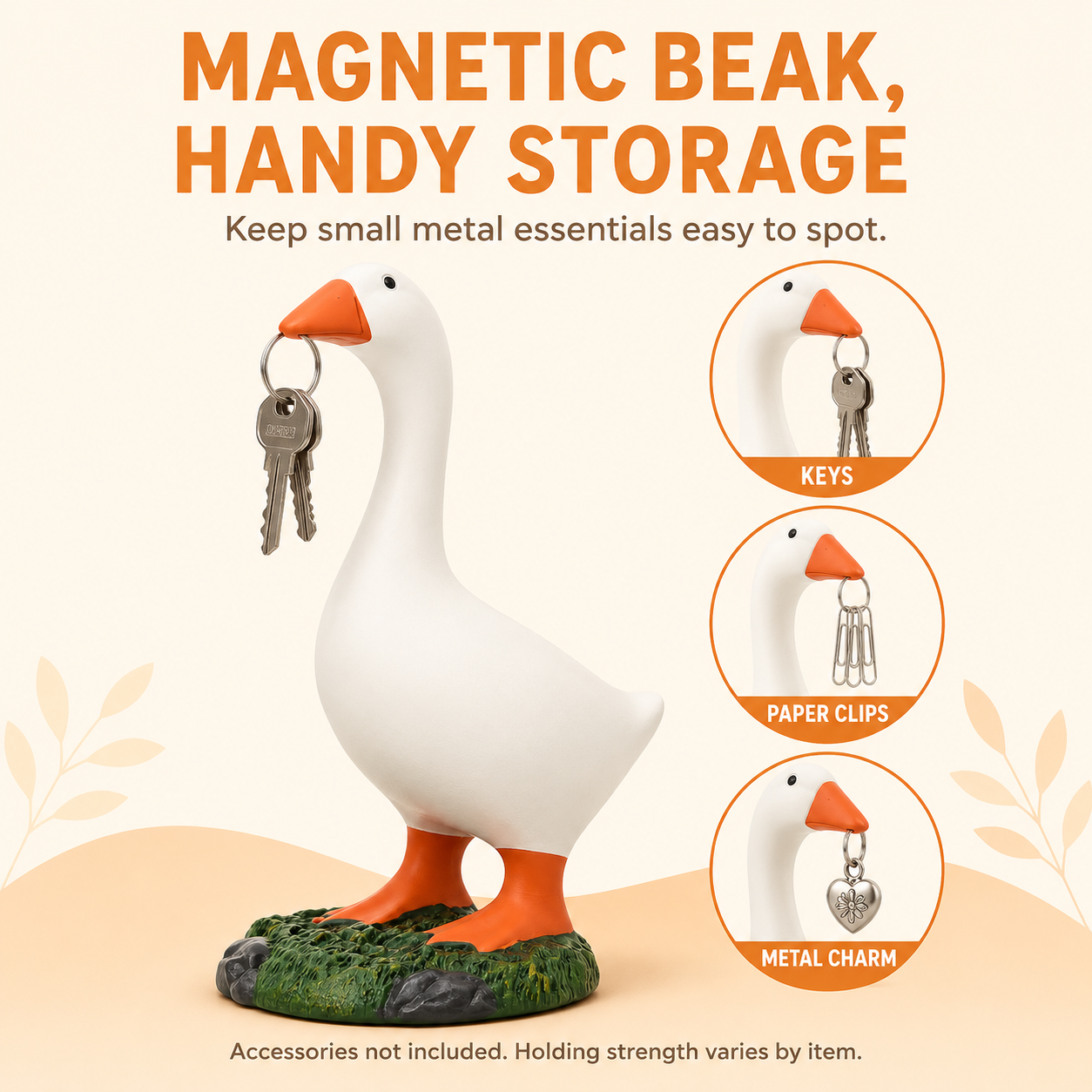 MOFABIA Magnetic Goose Key Holder, 7 Inch Plaster Desk Goose Statue with Magnetic Beak, Funny Key Organizer and Metal Accessory Hanger for Entryway, Office and Home Decor