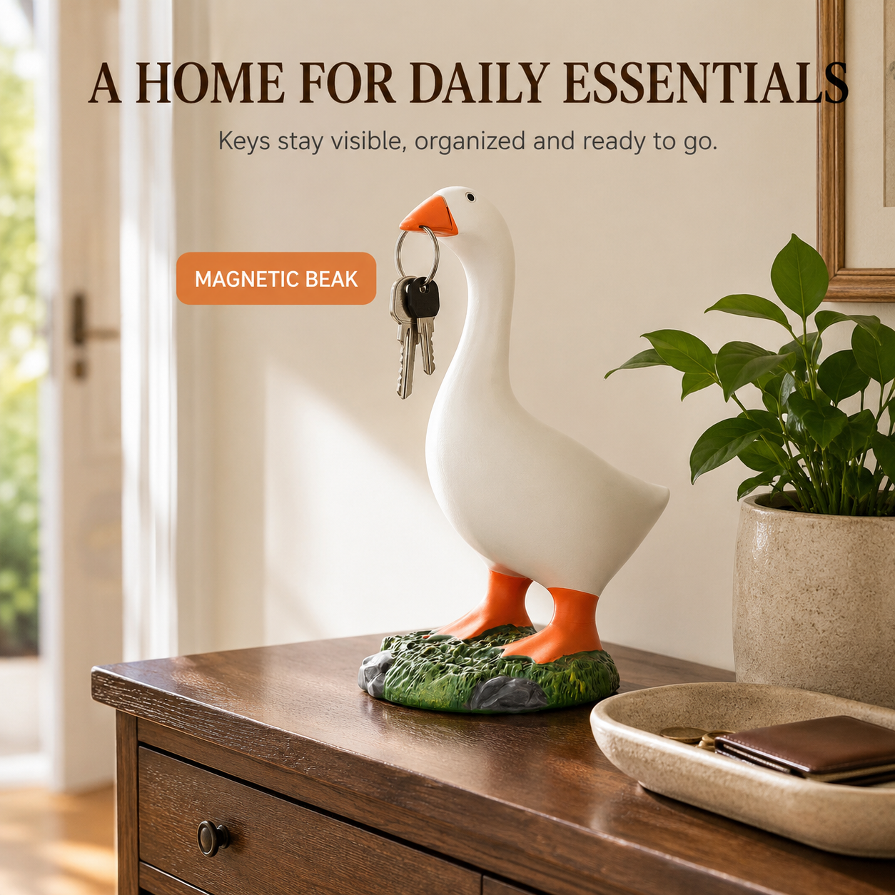 MOFABIA Magnetic Goose Key Holder, 7 Inch Plaster Desk Goose Statue with Magnetic Beak, Funny Key Organizer and Metal Accessory Hanger for Entryway, Office and Home Decor
