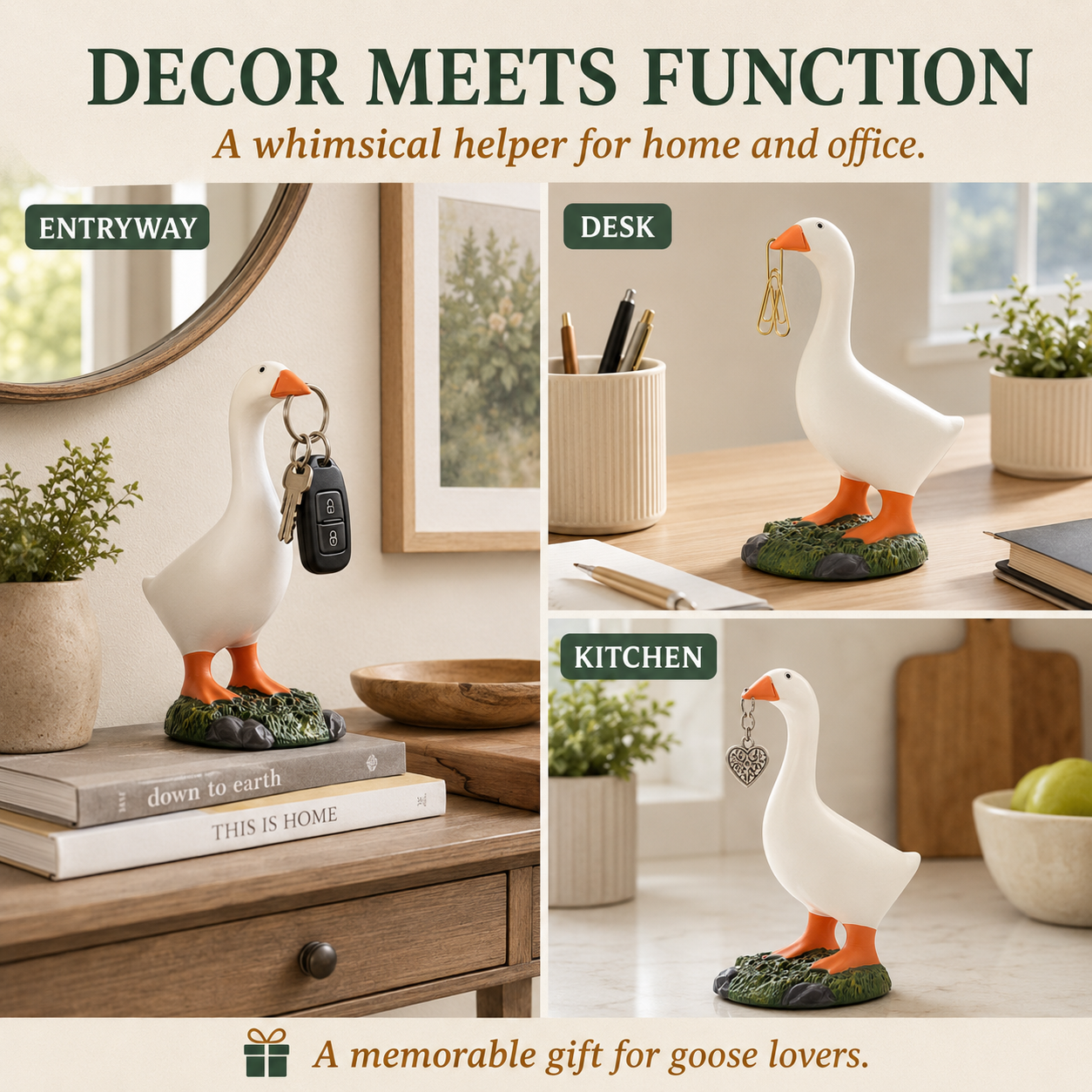 MOFABIA Magnetic Goose Key Holder, 7 Inch Plaster Desk Goose Statue with Magnetic Beak, Funny Key Organizer and Metal Accessory Hanger for Entryway, Office and Home Decor