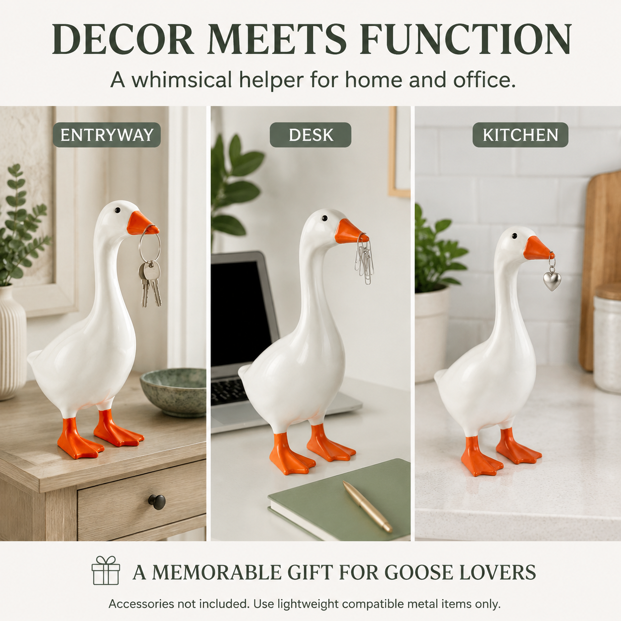 MOFABIA Magnetic Goose Key Holder, 7 Inch Plaster Desk Goose Statue with Magnetic Beak, Funny Key Organizer and Metal Accessory Hanger for Entryway, Office and Home Decor