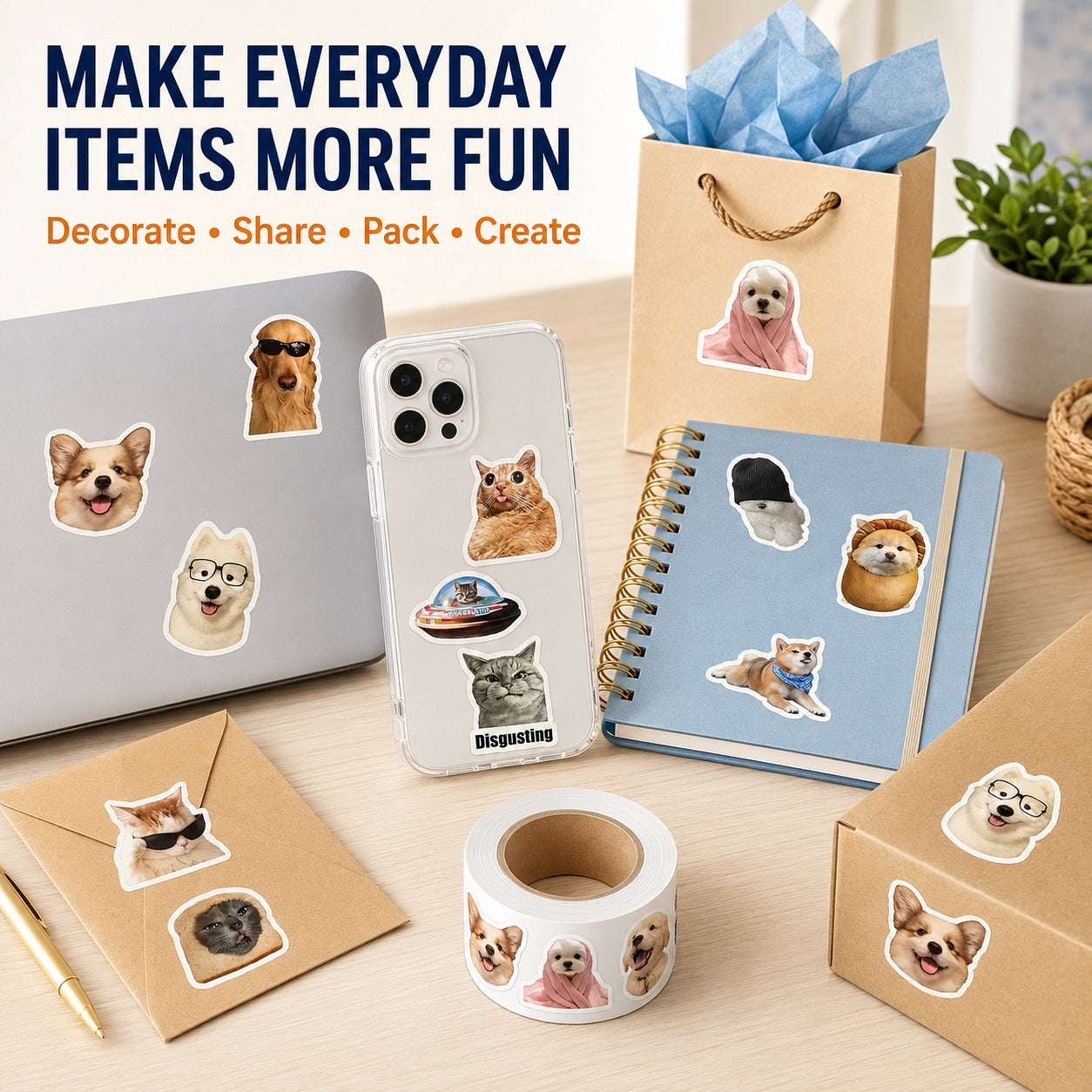 1500 Pcs Funny Cat and Dog Stickers, 3 Rolls of Cute Pet Meme Stickers, 30 Assorted Designs, Self-Adhesive Animal Sticker Labels for Phone, Laptop, Scrapbook, Journal, School and Party Supplies