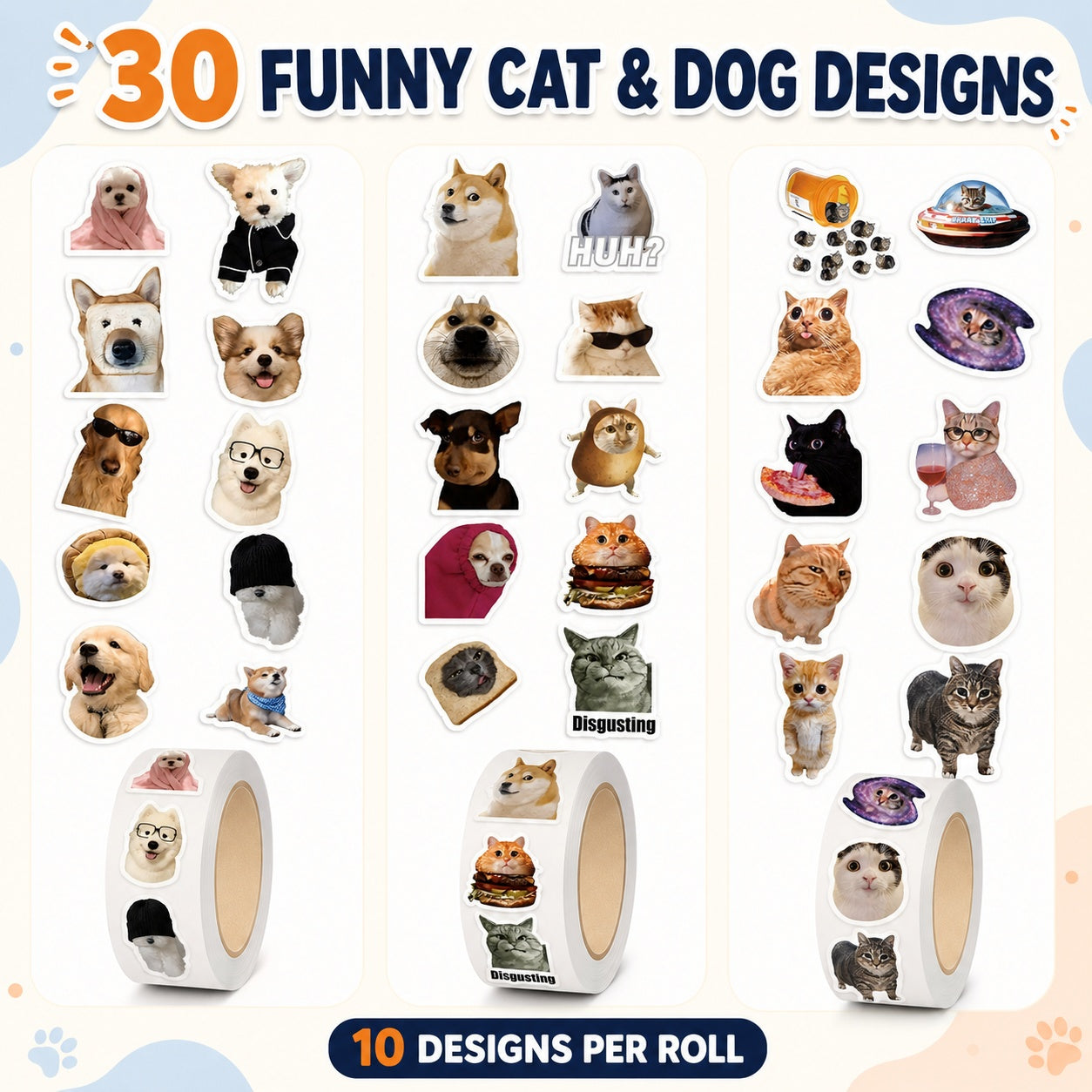 1500 Pcs Funny Cat and Dog Stickers, 3 Rolls of Cute Pet Meme Stickers, 30 Assorted Designs, Self-Adhesive Animal Sticker Labels for Phone, Laptop, Scrapbook, Journal, School and Party Supplies