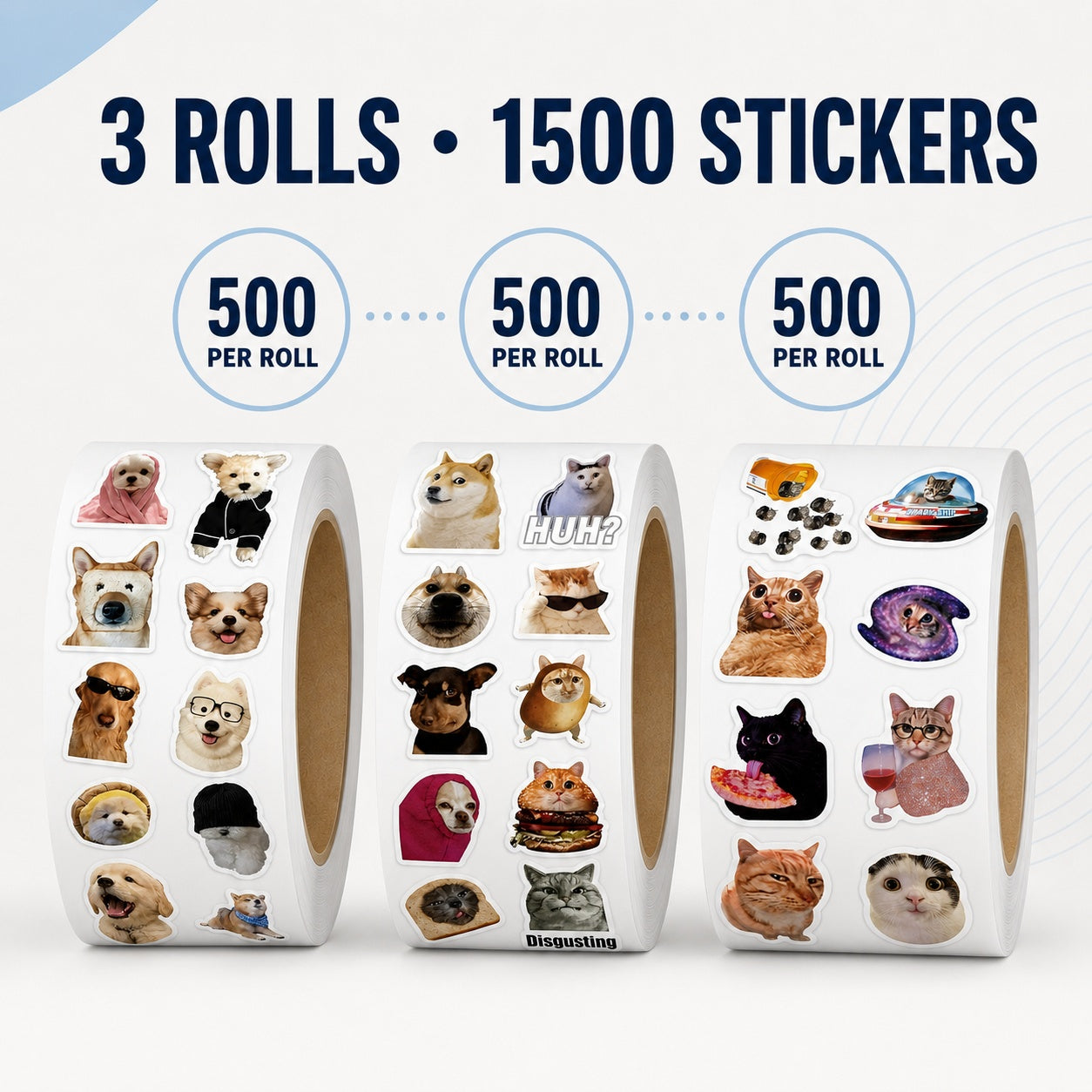 1500 Pcs Funny Cat and Dog Stickers, 3 Rolls of Cute Pet Meme Stickers, 30 Assorted Designs, Self-Adhesive Animal Sticker Labels for Phone, Laptop, Scrapbook, Journal, School and Party Supplies
