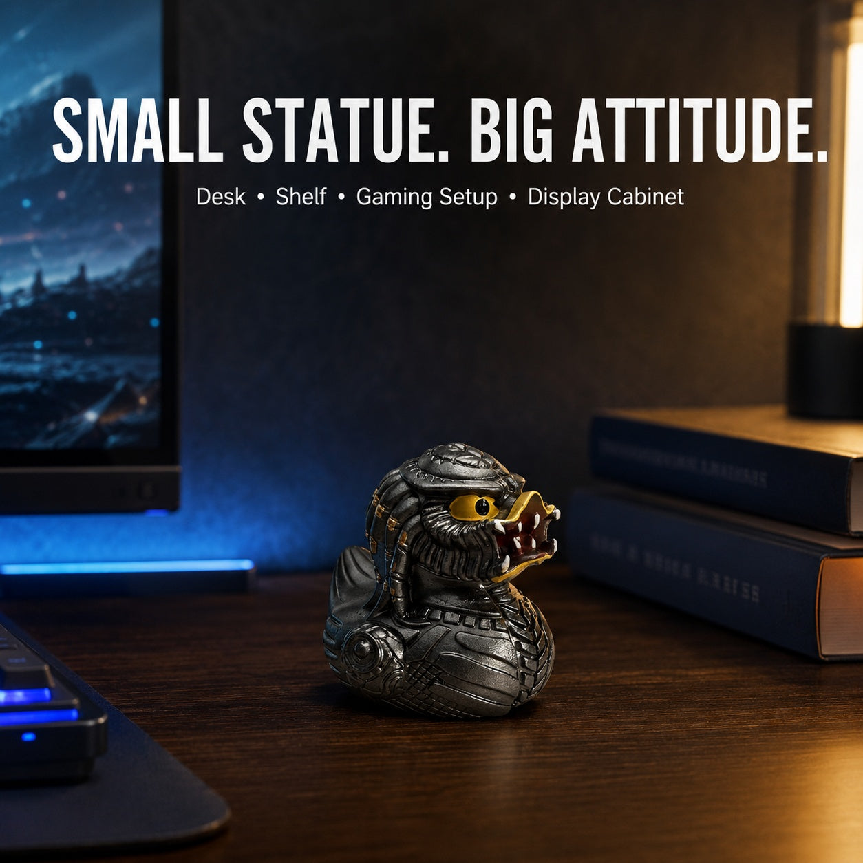 Sci-Fi Armored Hunter Duck Figurine, 2.76 Inch Resin Alien Warrior Duck Statue, Funny Fierce Duck Collectible for Desk Shelf Gaming Room Decor