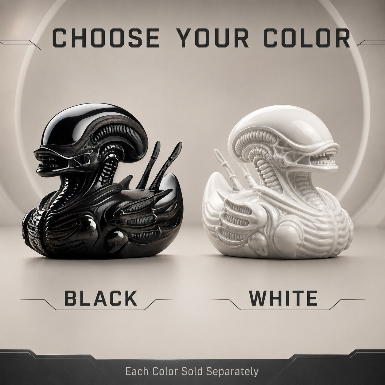 Biomechanical Space Creature Duck Figurine, Small Resin Sci-Fi Duck Statue in Black or White, Detailed Alien-Inspired Collectible for Desk Shelf Gaming Room Decor, Quirky Gift
