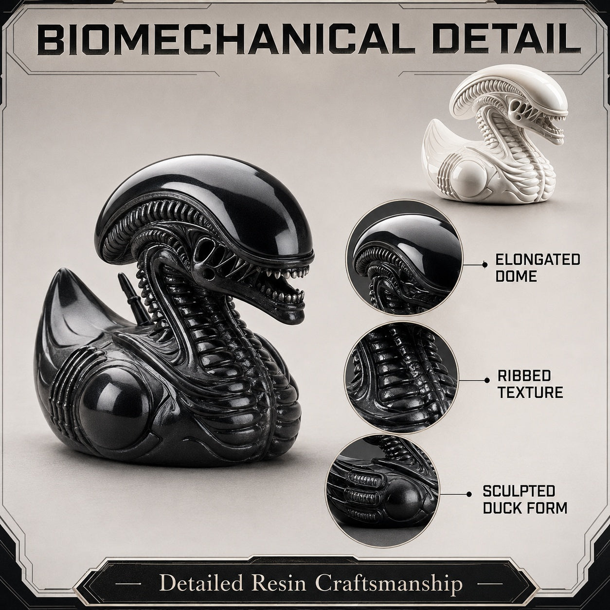 Biomechanical Space Creature Duck Figurine, Small Resin Sci-Fi Duck Statue in Black or White, Detailed Alien-Inspired Collectible for Desk Shelf Gaming Room Decor, Quirky Gift