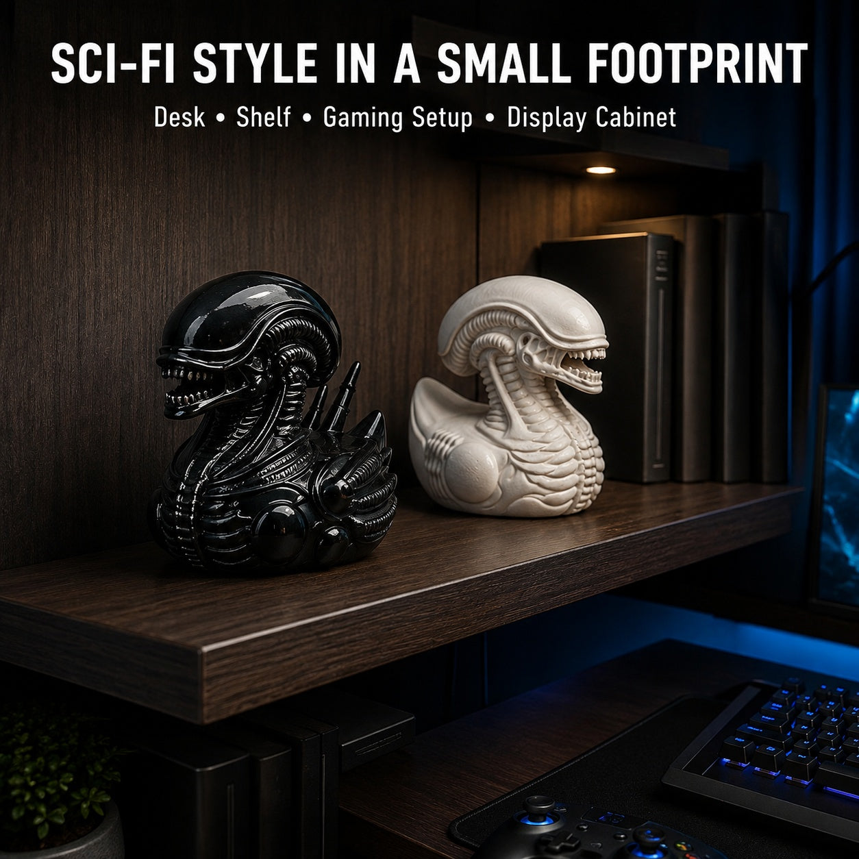 Biomechanical Space Creature Duck Figurine, Small Resin Sci-Fi Duck Statue in Black or White, Detailed Alien-Inspired Collectible for Desk Shelf Gaming Room Decor, Quirky Gift