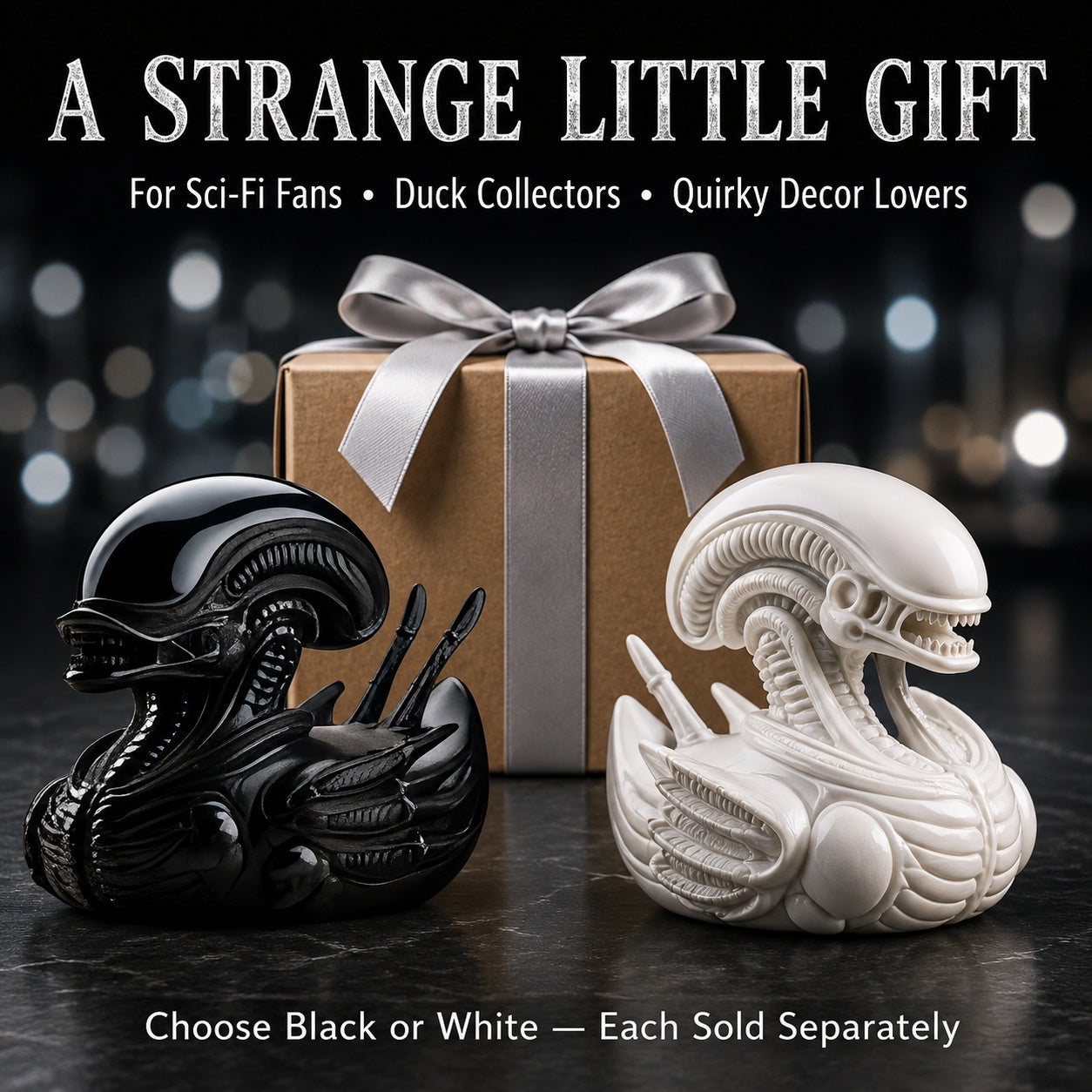 Biomechanical Space Creature Duck Figurine, Small Resin Sci-Fi Duck Statue in Black or White, Detailed Alien-Inspired Collectible for Desk Shelf Gaming Room Decor, Quirky Gift