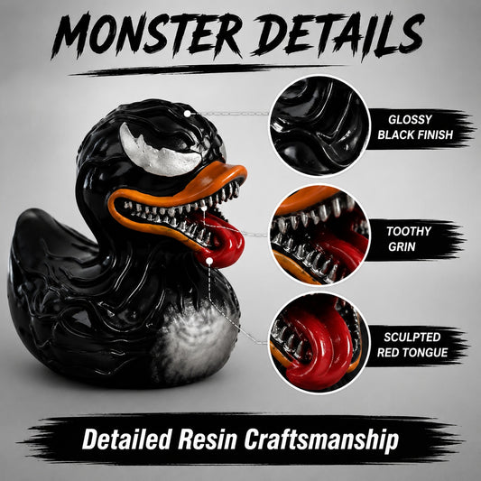 Black Goo Monster Duck Figurine, 2.76 Inch Resin Duck Statue with Toothy Grin and Red Tongue, Funny Creepy Collectible for Desk Shelf Gaming Room Decor, Quirky Gift for Monster Fans