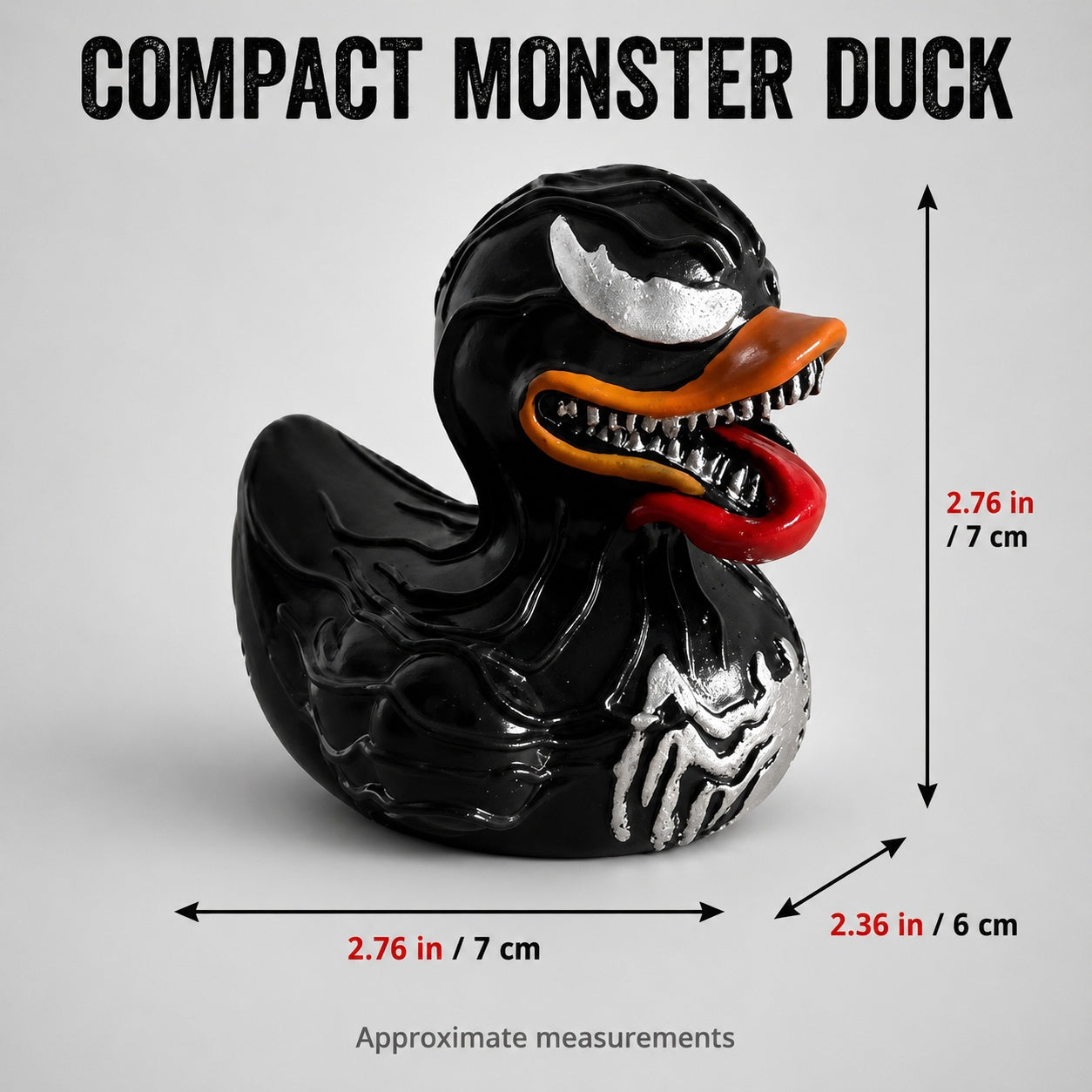 Black Goo Monster Duck Figurine, 2.76 Inch Resin Duck Statue with Toothy Grin and Red Tongue, Funny Creepy Collectible for Desk Shelf Gaming Room Decor, Quirky Gift for Monster Fans