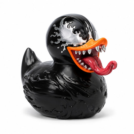 Black Goo Monster Duck Figurine, 2.76 Inch Resin Duck Statue with Toothy Grin and Red Tongue, Funny Creepy Collectible for Desk Shelf Gaming Room Decor, Quirky Gift for Monster Fans