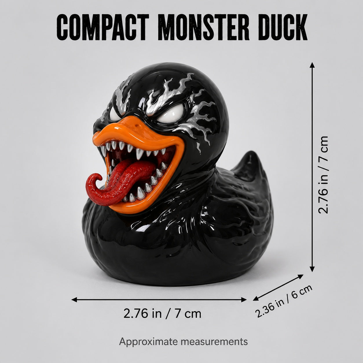 Black Goo Monster Duck Figurine, 2.76 Inch Resin Duck Statue with Toothy Grin and Red Tongue, Funny Creepy Collectible for Desk Shelf Gaming Room Decor, Quirky Gift for Monster Fans