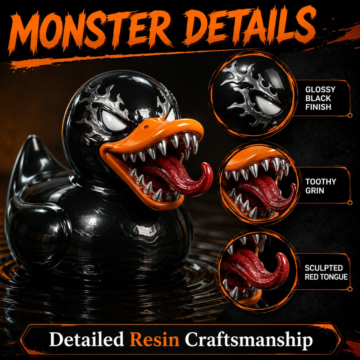 Black Goo Monster Duck Figurine, 2.76 Inch Resin Duck Statue with Toothy Grin and Red Tongue, Funny Creepy Collectible for Desk Shelf Gaming Room Decor, Quirky Gift for Monster Fans