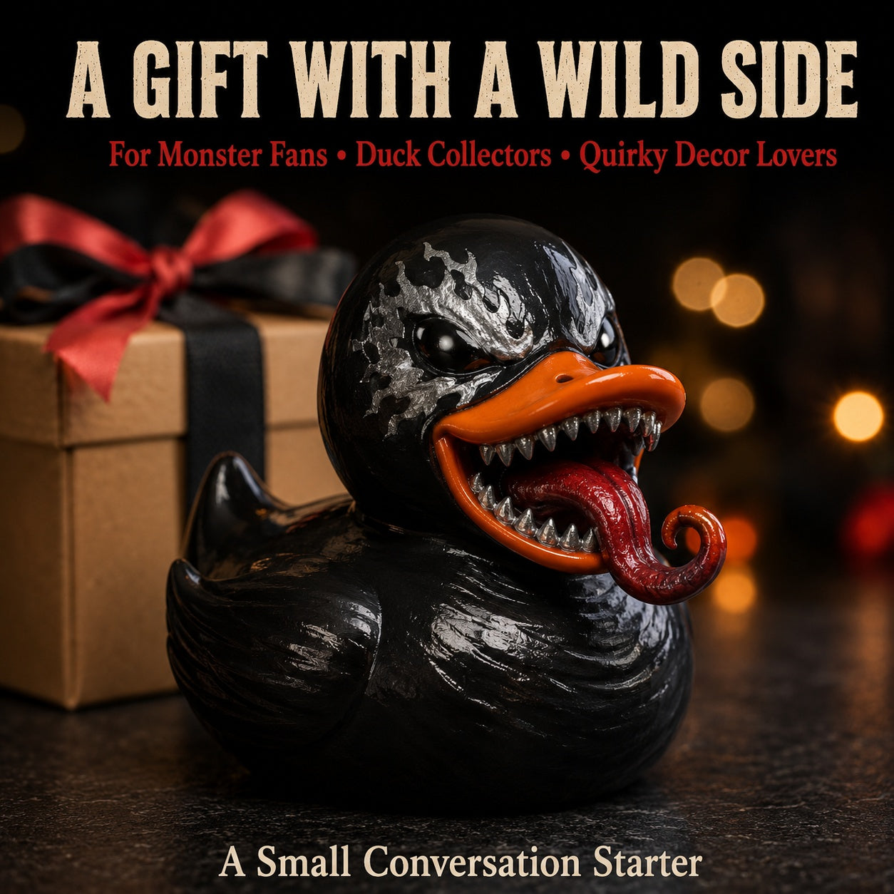 Black Goo Monster Duck Figurine, 2.76 Inch Resin Duck Statue with Toothy Grin and Red Tongue, Funny Creepy Collectible for Desk Shelf Gaming Room Decor, Quirky Gift for Monster Fans