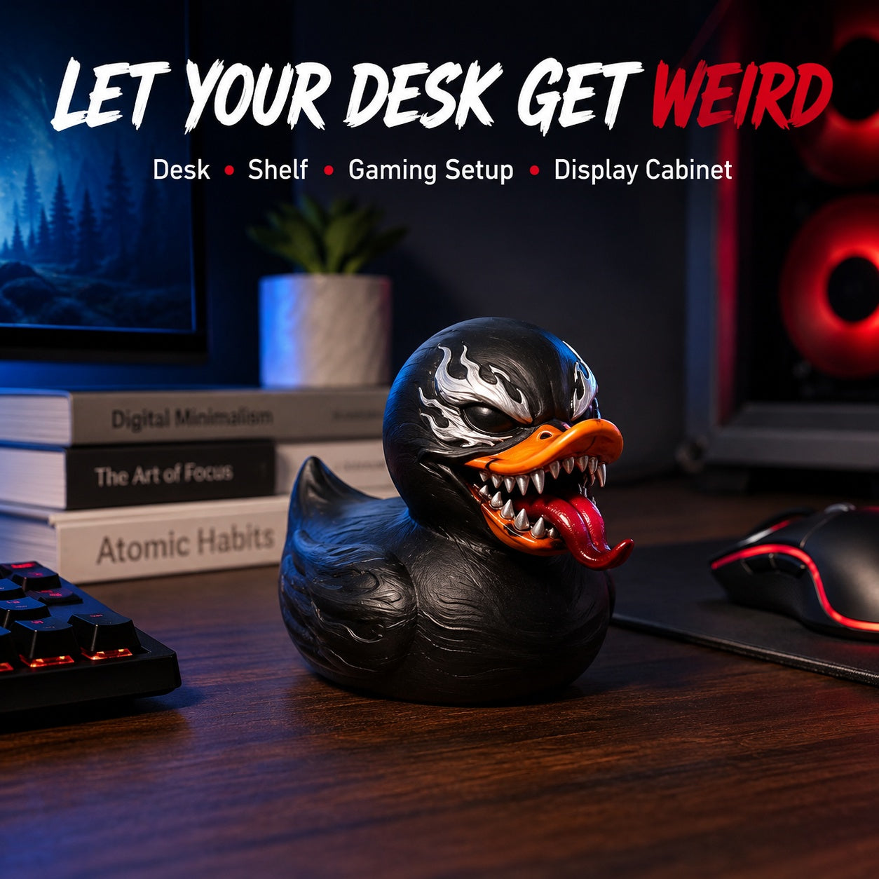 Black Goo Monster Duck Figurine, 2.76 Inch Resin Duck Statue with Toothy Grin and Red Tongue, Funny Creepy Collectible for Desk Shelf Gaming Room Decor, Quirky Gift for Monster Fans