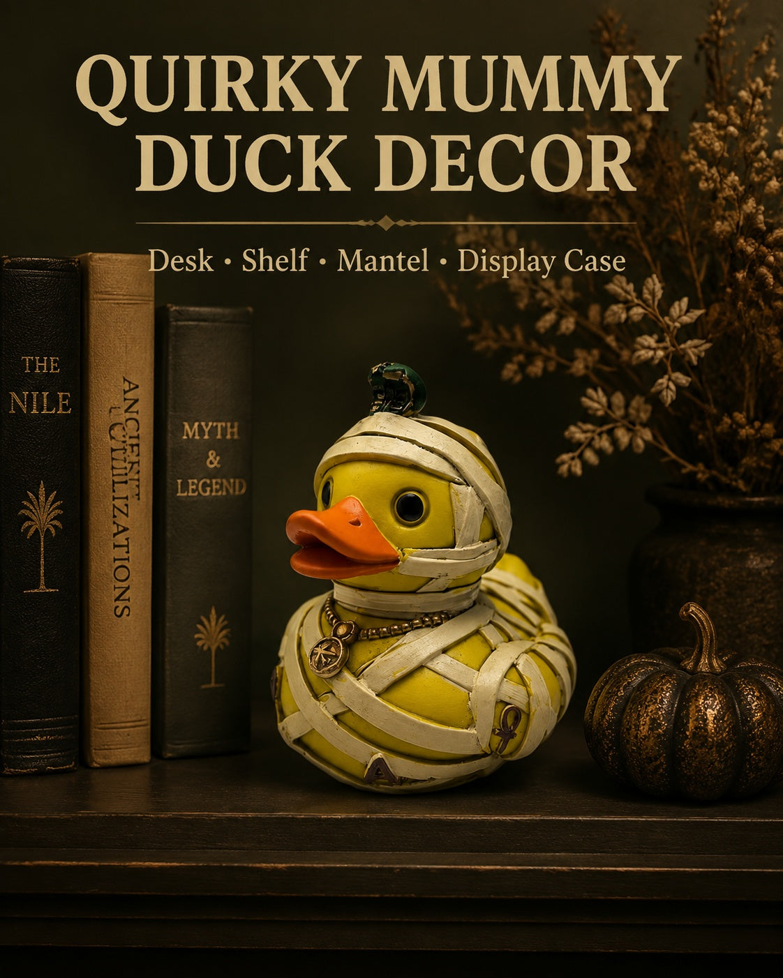 Mummy Duck Figurine, 2.95 Inch Resin Bandage Wrapped Duck Statue with Ancient Inspired Details, Funny Gothic Halloween Desk Shelf Decor, Quirky Gift for Duck Lovers and Collectors