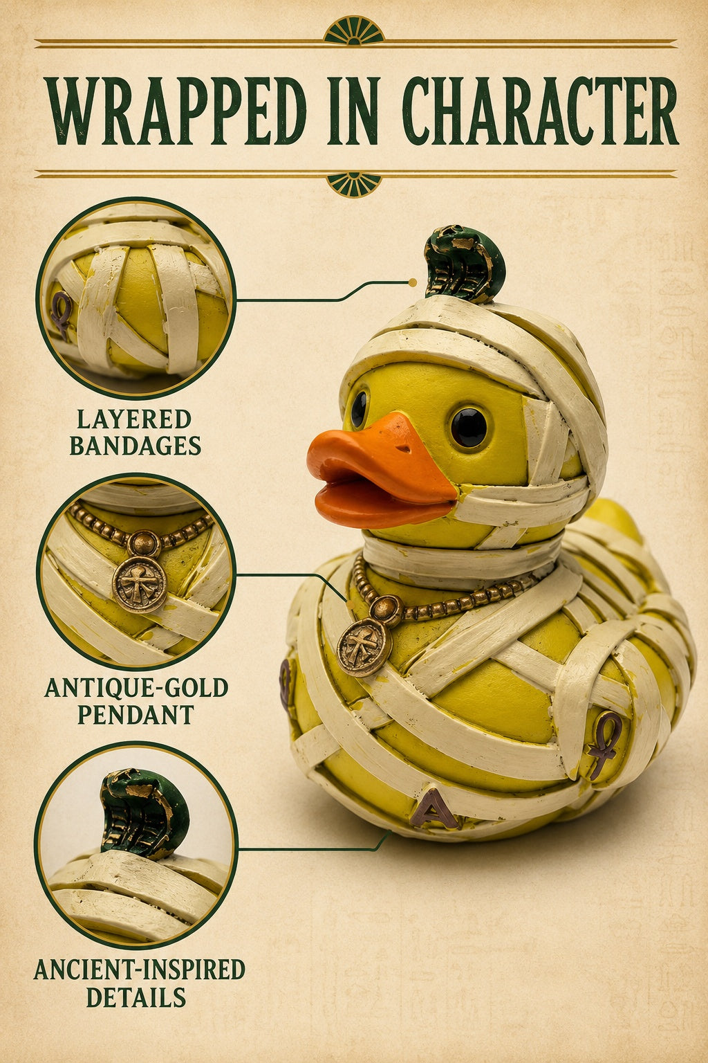 Mummy Duck Figurine, 2.95 Inch Resin Bandage Wrapped Duck Statue with Ancient Inspired Details, Funny Gothic Halloween Desk Shelf Decor, Quirky Gift for Duck Lovers and Collectors