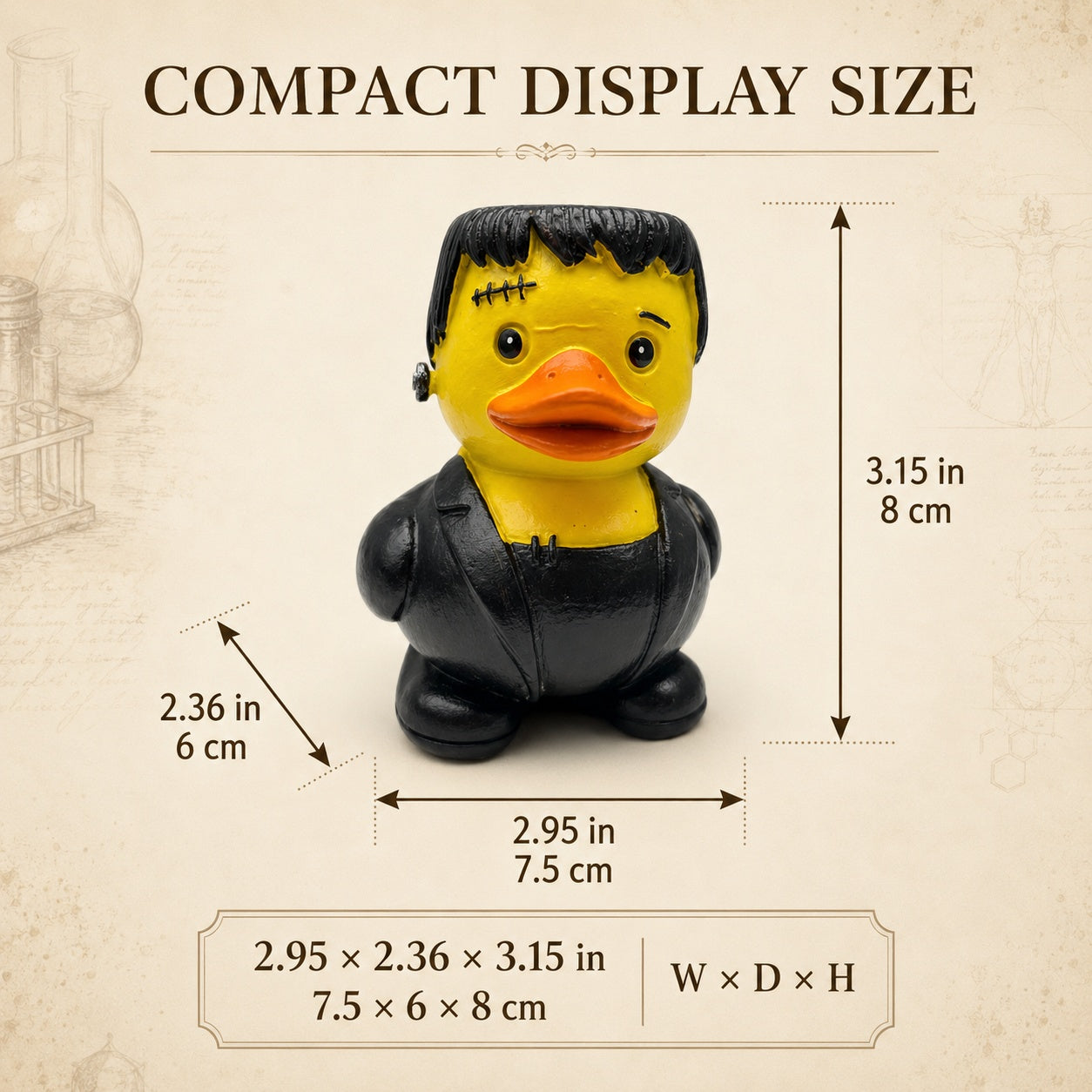 Stitched Monster Duck Figurine, 3.15 Inch Resin Duck Statue with Neck Bolt and Black Suit, Funny Gothic Halloween Desk Shelf Decor, Quirky Gift for Duck Lovers and Collectors