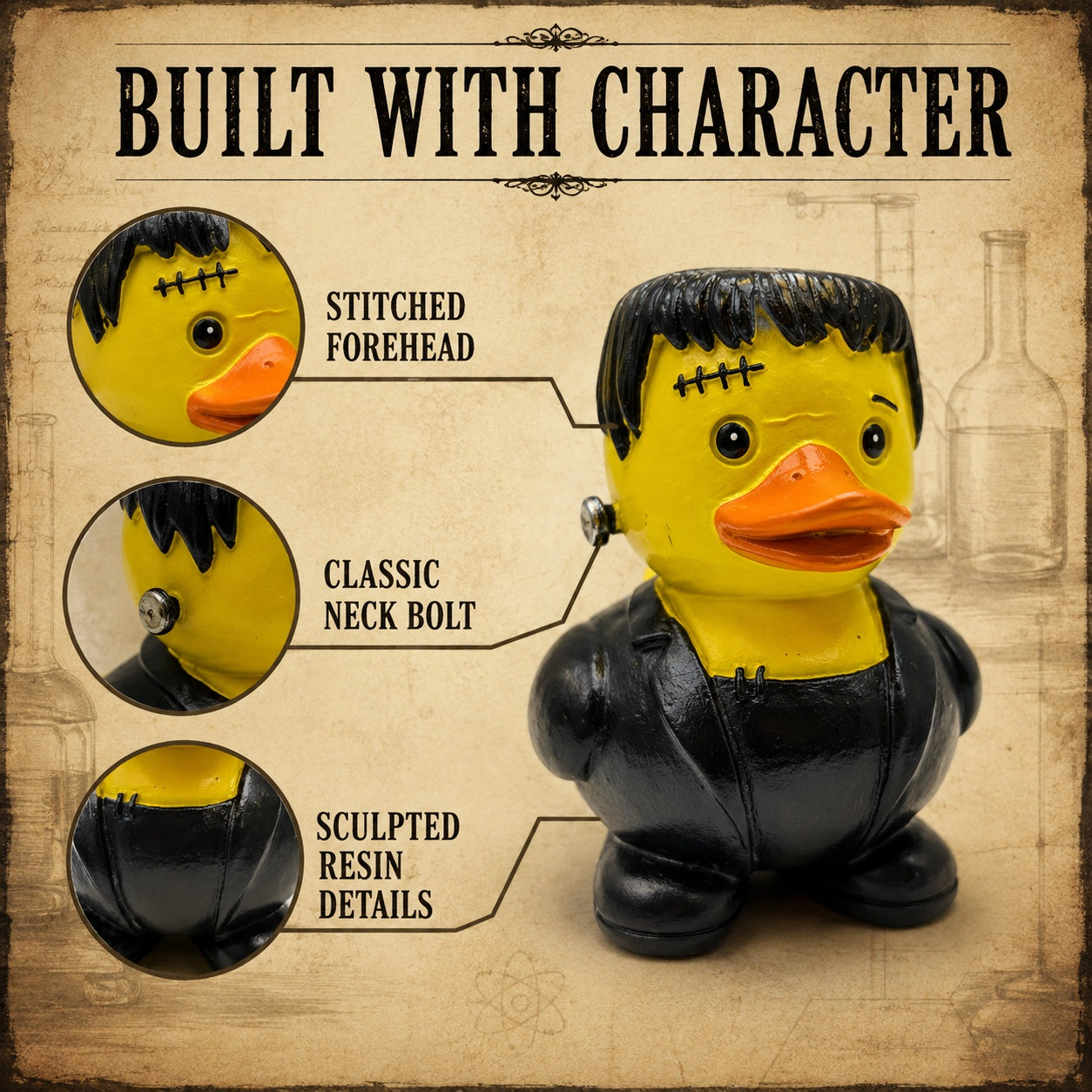 Stitched Monster Duck Figurine, 3.15 Inch Resin Duck Statue with Neck Bolt and Black Suit, Funny Gothic Halloween Desk Shelf Decor, Quirky Gift for Duck Lovers and Collectors
