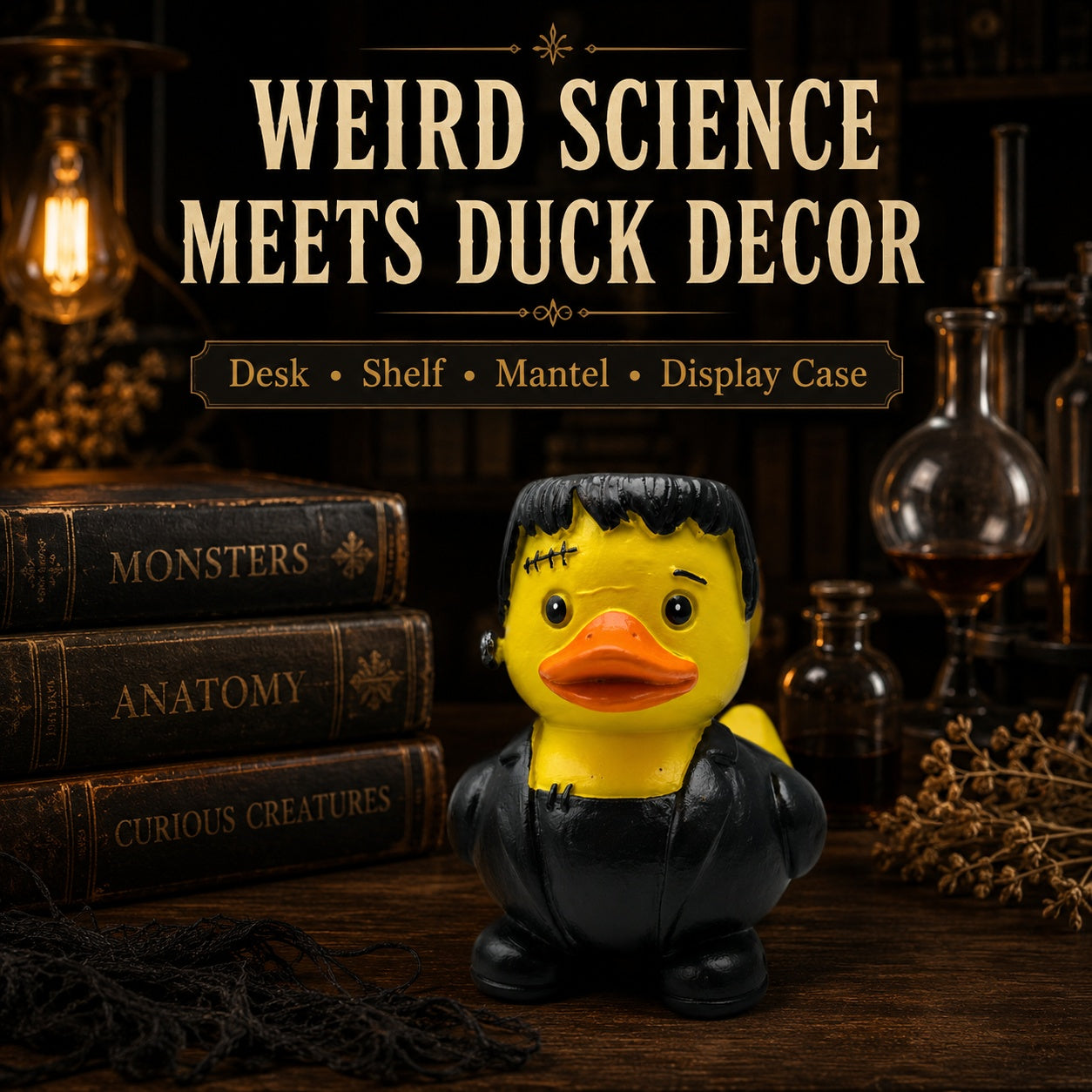 Stitched Monster Duck Figurine, 3.15 Inch Resin Duck Statue with Neck Bolt and Black Suit, Funny Gothic Halloween Desk Shelf Decor, Quirky Gift for Duck Lovers and Collectors