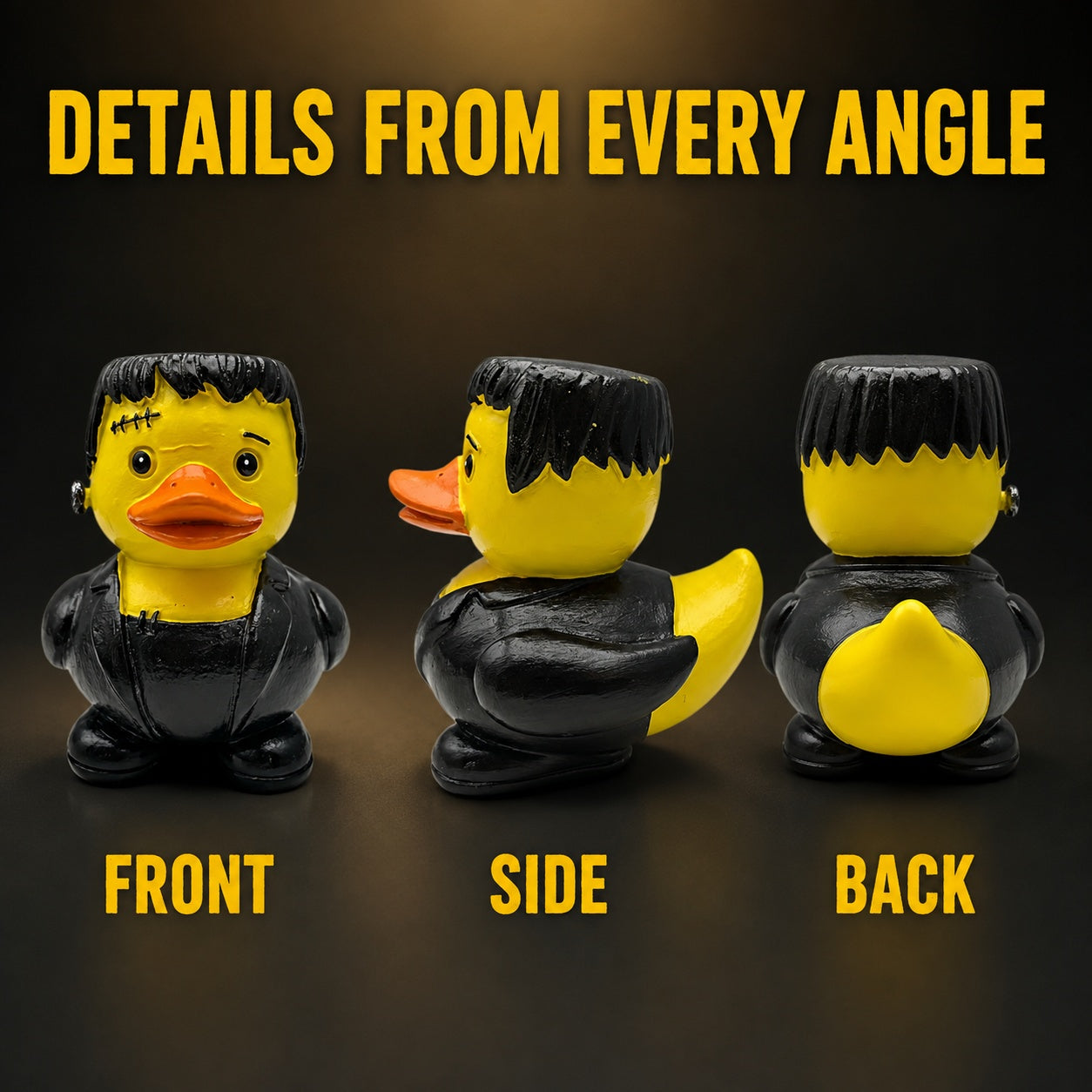 Stitched Monster Duck Figurine, 3.15 Inch Resin Duck Statue with Neck Bolt and Black Suit, Funny Gothic Halloween Desk Shelf Decor, Quirky Gift for Duck Lovers and Collectors