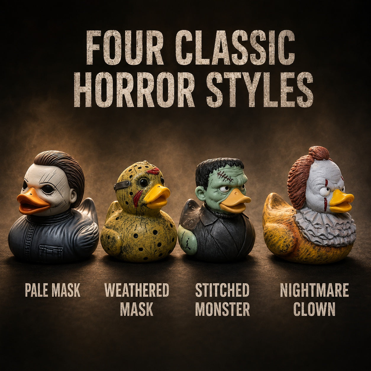 Classic American Horror Movie Inspired Duck Figurines, Resin Monster Duck Statue Collection, 4 Styles, Gothic Halloween Desk Shelf Decor, Creepy Gift for Horror Fans
