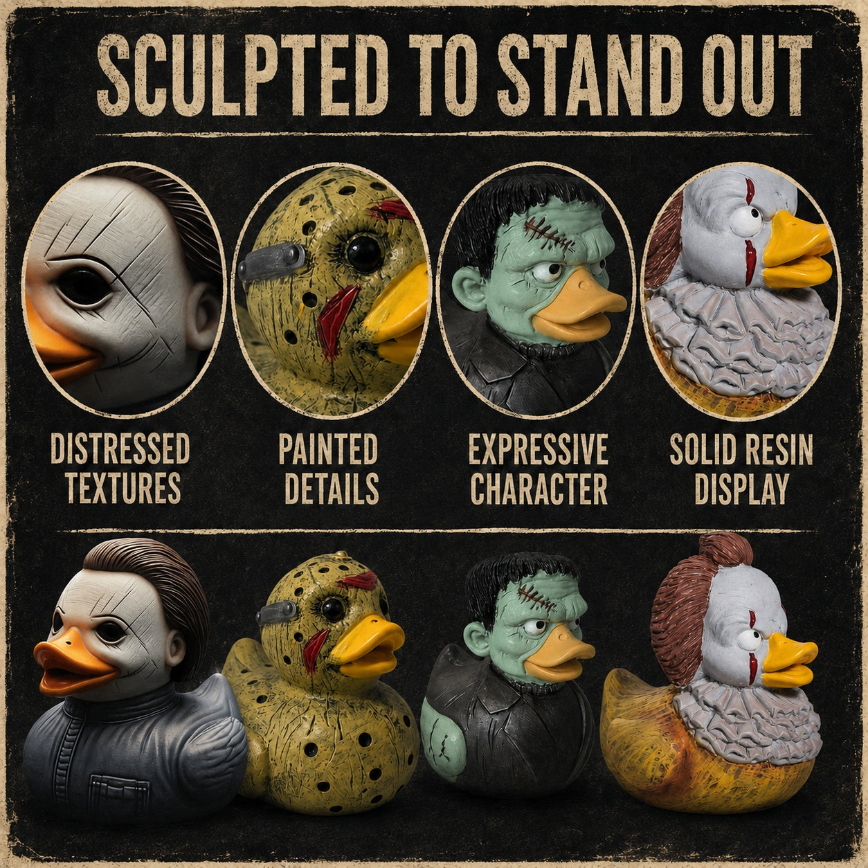 Classic American Horror Movie Inspired Duck Figurines, Resin Monster Duck Statue Collection, 4 Styles, Gothic Halloween Desk Shelf Decor, Creepy Gift for Horror Fans