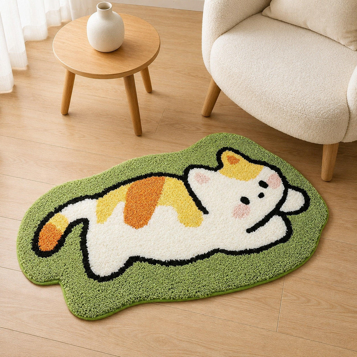 Cute Cat Green Rug, 23.6 × 15.7 Inch Green Tufted Animal Floor Mat with TPR Non-Slip Backing, Soft Decorative Accent Rug for Bathroom, Bedroom, Entryway, Bedside and Vanity
