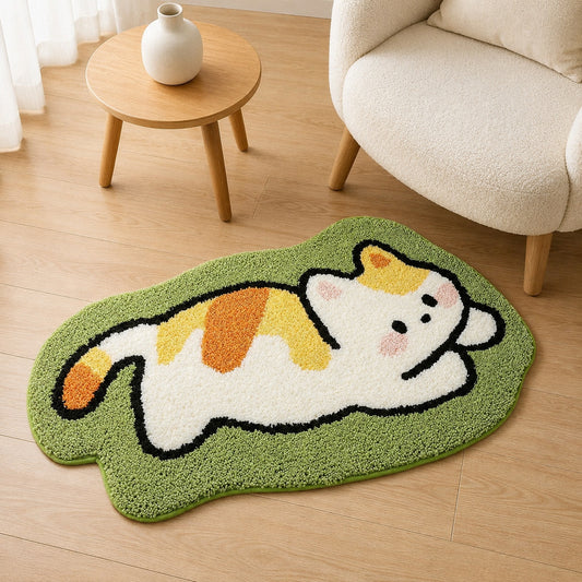 Cute Cat Green Rug, 23.6 × 15.7 Inch Green Tufted Animal Floor Mat with TPR Non-Slip Backing, Soft Decorative Accent Rug for Bathroom, Bedroom, Entryway, Bedside and Vanity