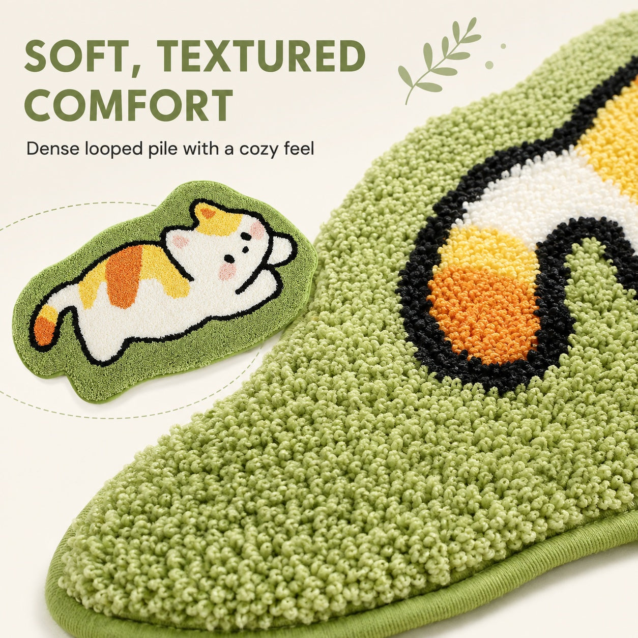 Cute Cat Green Rug, 23.6 × 15.7 Inch Green Tufted Animal Floor Mat with TPR Non-Slip Backing, Soft Decorative Accent Rug for Bathroom, Bedroom, Entryway, Bedside and Vanity