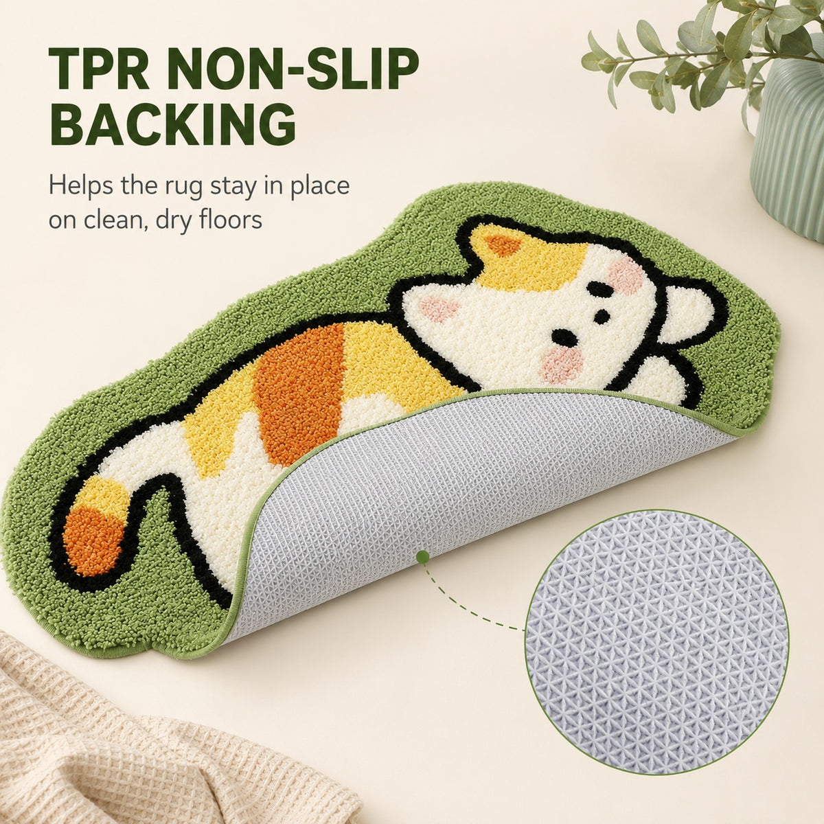Cute Cat Green Rug, 23.6 × 15.7 Inch Green Tufted Animal Floor Mat with TPR Non-Slip Backing, Soft Decorative Accent Rug for Bathroom, Bedroom, Entryway, Bedside and Vanity