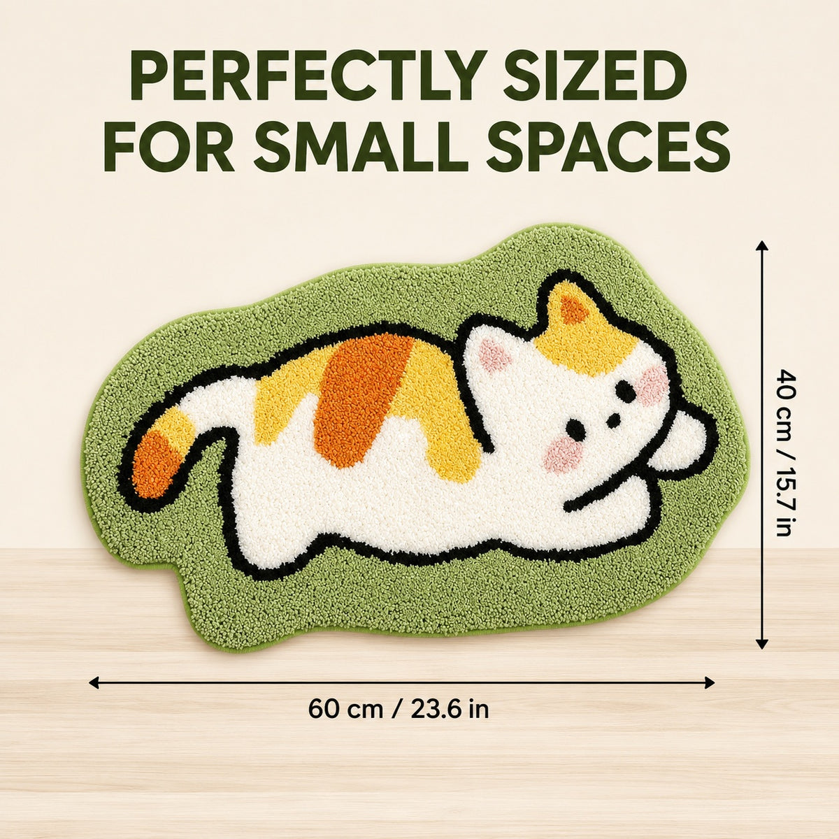 Cute Cat Green Rug, 23.6 × 15.7 Inch Green Tufted Animal Floor Mat with TPR Non-Slip Backing, Soft Decorative Accent Rug for Bathroom, Bedroom, Entryway, Bedside and Vanity
