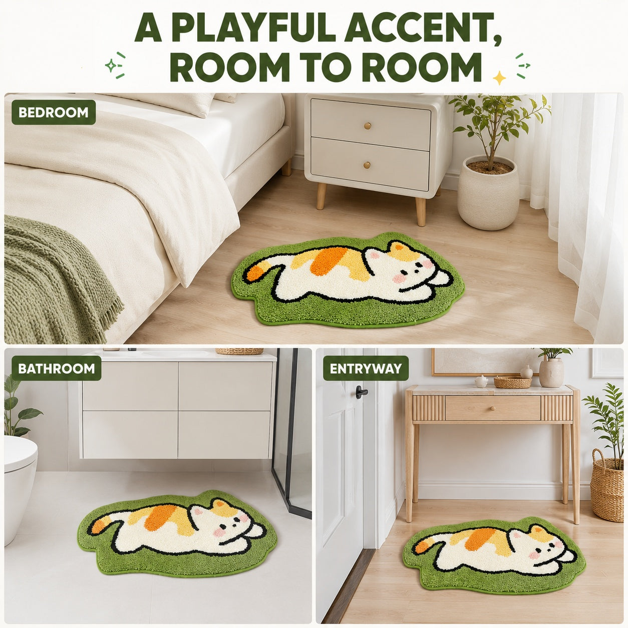Cute Cat Green Rug, 23.6 × 15.7 Inch Green Tufted Animal Floor Mat with TPR Non-Slip Backing, Soft Decorative Accent Rug for Bathroom, Bedroom, Entryway, Bedside and Vanity