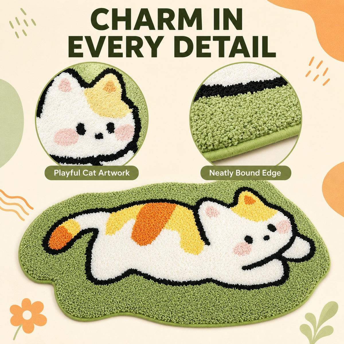 Cute Cat Green Rug, 23.6 × 15.7 Inch Green Tufted Animal Floor Mat with TPR Non-Slip Backing, Soft Decorative Accent Rug for Bathroom, Bedroom, Entryway, Bedside and Vanity