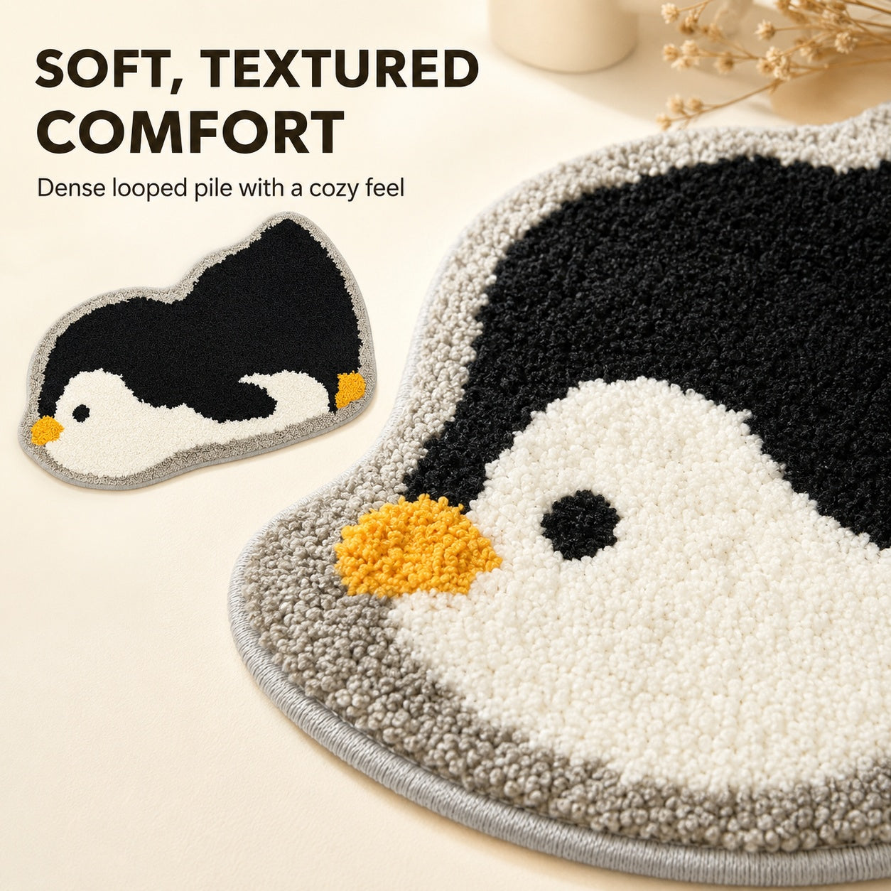 Cute Penguin Area Rug, 23.6 × 15.7 Inch Green Tufted Animal Floor Mat with TPR Non-Slip Backing, Soft Decorative Accent Rug for Bathroom, Bedroom, Entryway, Bedside and Vanity