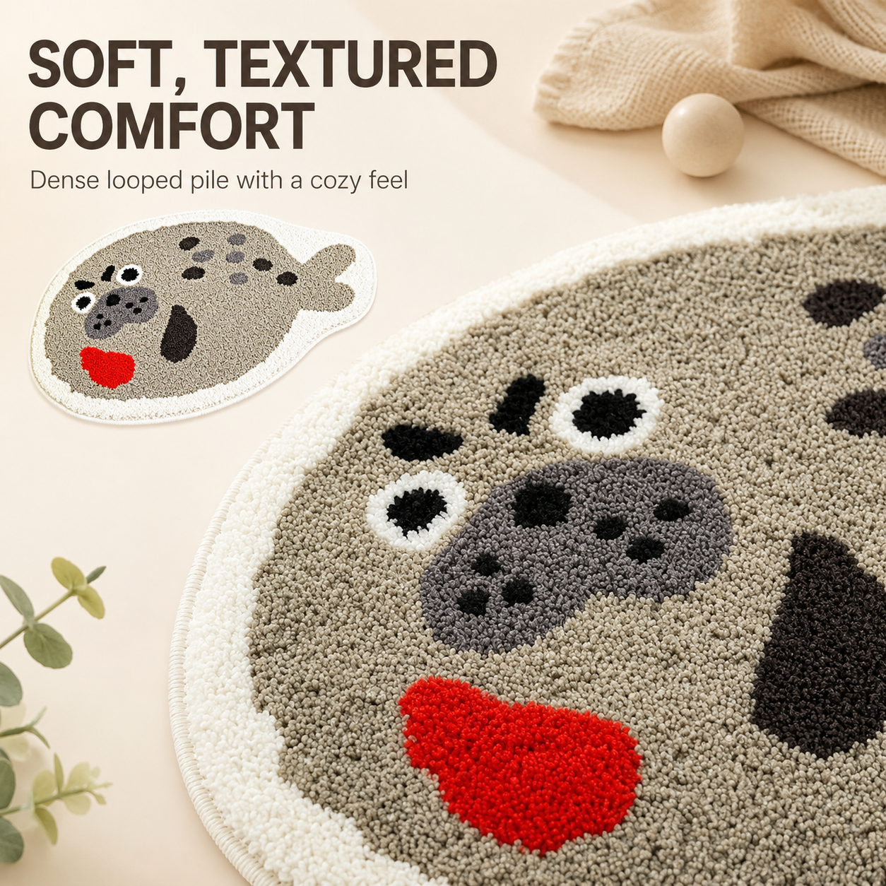 Cute Seal Area Rug, 23.6 × 15.7 Inch Green Tufted Animal Floor Mat with TPR Non-Slip Backing, Soft Decorative Accent Rug for Bathroom, Bedroom, Entryway, Bedside and Vanity