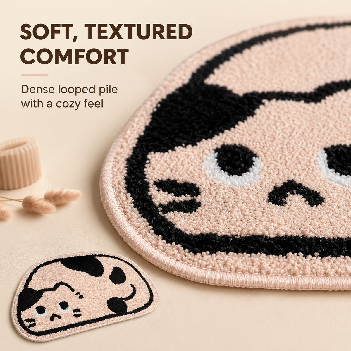 Cute Beige Cat Area Rug, 23.6 × 15.7 Inch Green Tufted Animal Floor Mat with TPR Non-Slip Backing, Soft Decorative Accent Rug for Bathroom, Bedroom, Entryway, Bedside and Vanity