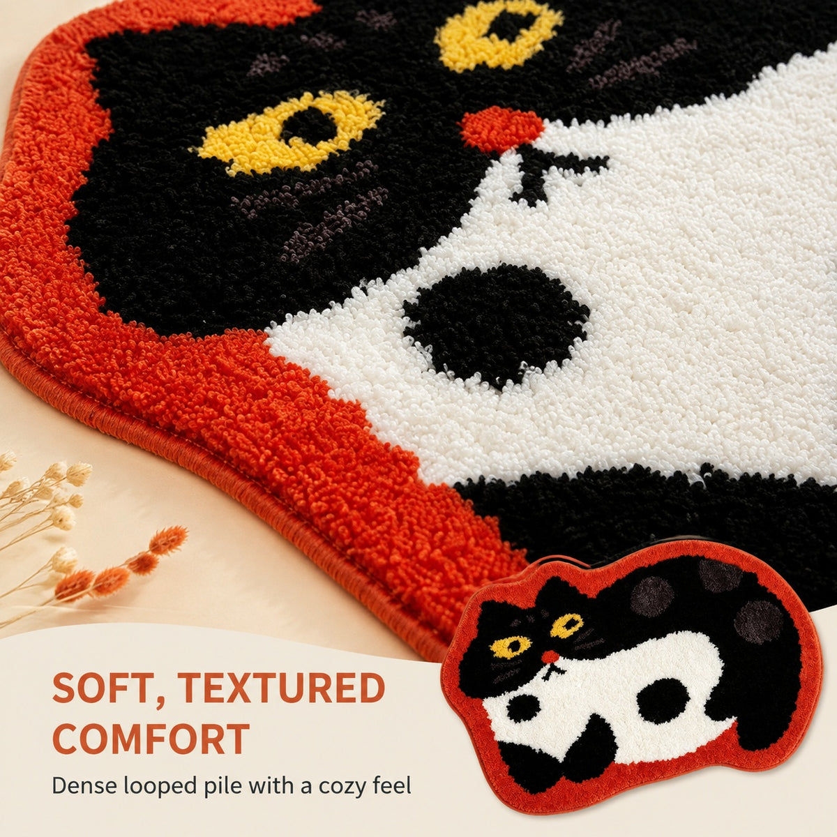 Cute Cat Black Rug, 23.6 × 15.7 Inch Green Tufted Animal Floor Mat with TPR Non-Slip Backing, Soft Decorative Accent Rug for Bathroom, Bedroom, Entryway, Bedside and Vanity