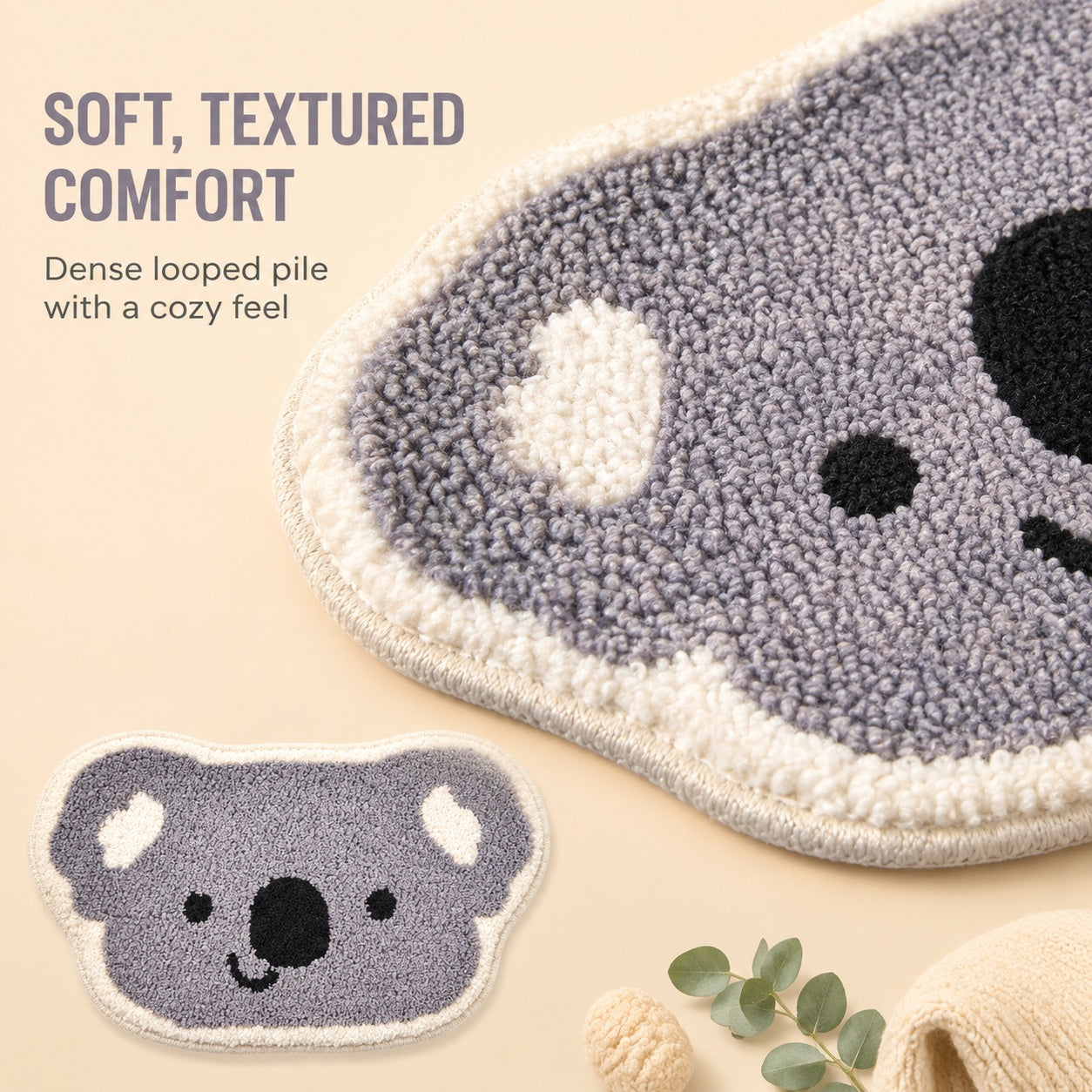 Cute Koala Face Area Rug, 23.6 × 15.7 Inch Green Tufted Animal Floor Mat with TPR Non-Slip Backing, Soft Decorative Accent Rug for Bathroom, Bedroom, Entryway, Bedside and Vanity